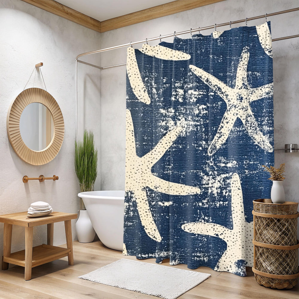 Starfish Shower Curtain, Coastal Bathroom Decor, Navy Blue Beach Bath Curtain, Nautical Ocean Style