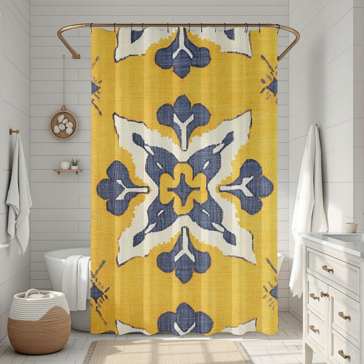 Ikat Tile Shower Curtain, Yellow Gray Bathroom Decor, Boho Geometric Bath Curtain, Modern Pattern Design