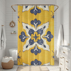 Ikat Tile Shower Curtain, Yellow Gray Bathroom Decor, Boho Geometric Bath Curtain, Modern Pattern Design