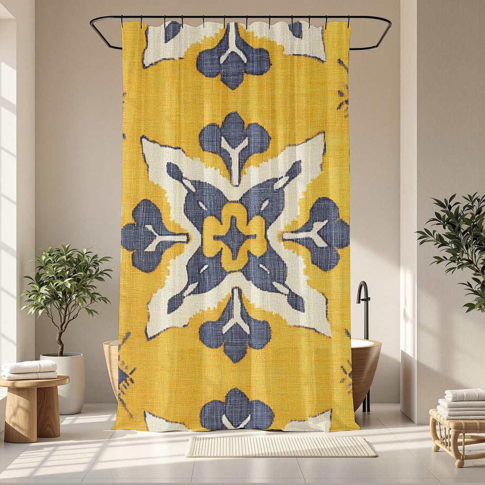 Ikat Tile Shower Curtain, Yellow Gray Bathroom Decor, Boho Geometric Bath Curtain, Modern Pattern Design