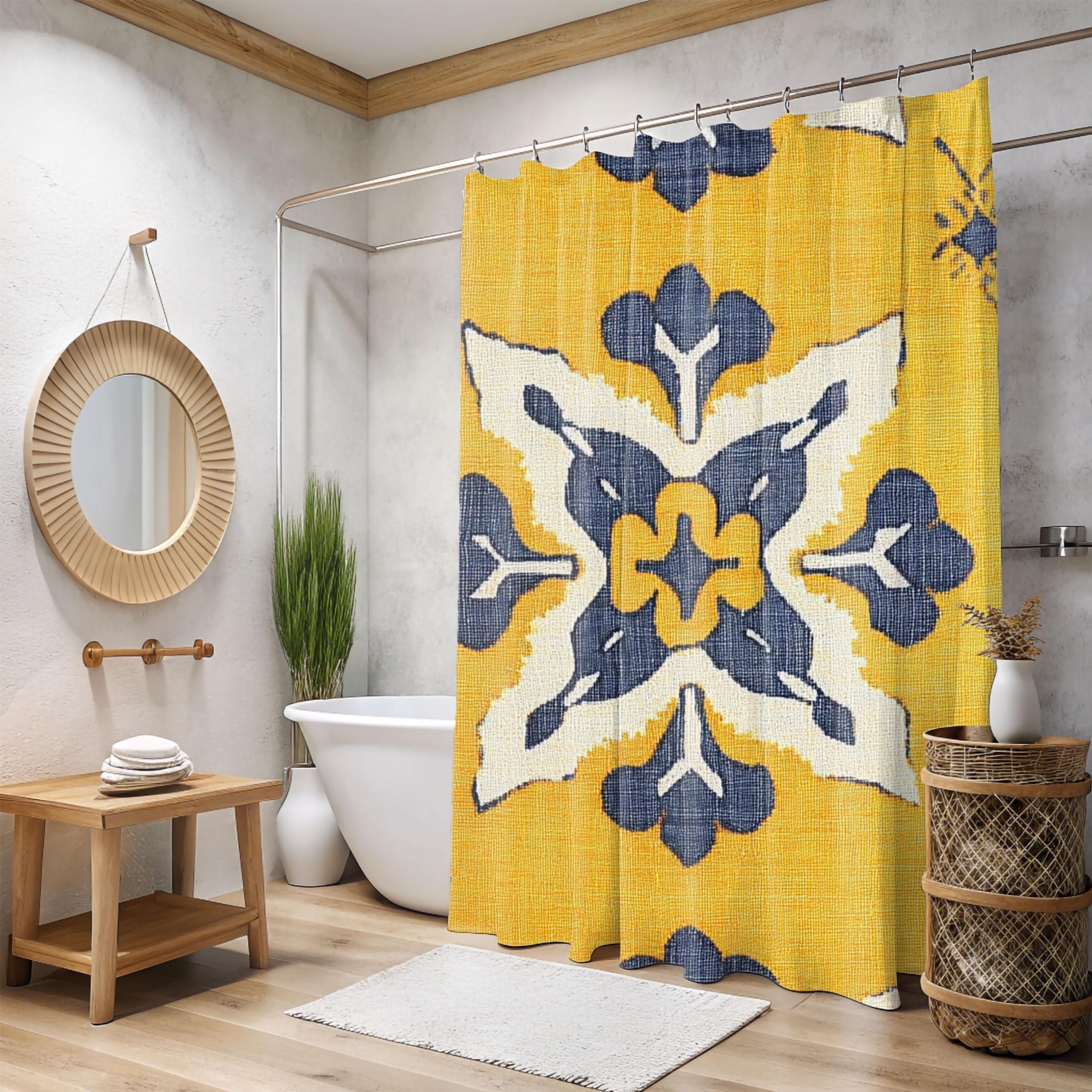 Ikat Tile Shower Curtain, Yellow Gray Bathroom Decor, Boho Geometric Bath Curtain, Modern Pattern Design