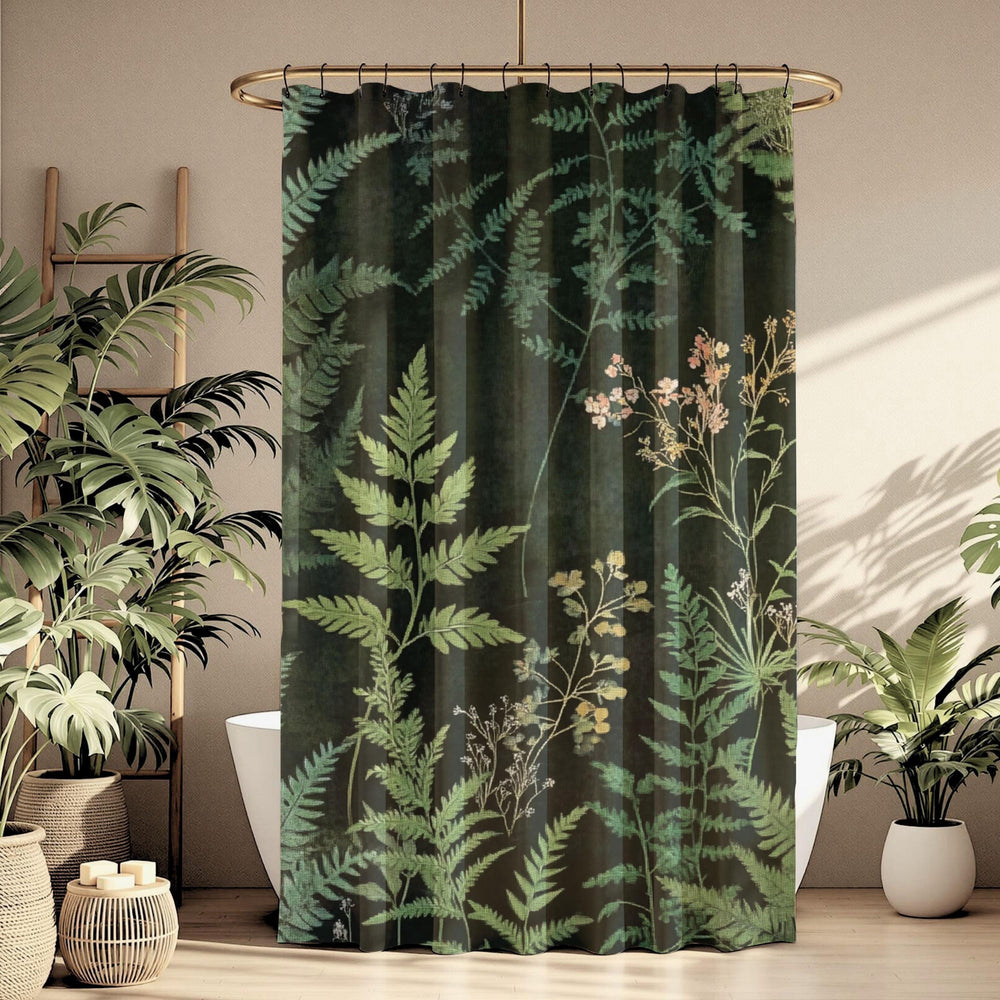 Dark Botanical Shower Curtain, Moody Fern Bathroom Decor, Forest Green Bath Curtain, Nature Inspired Style