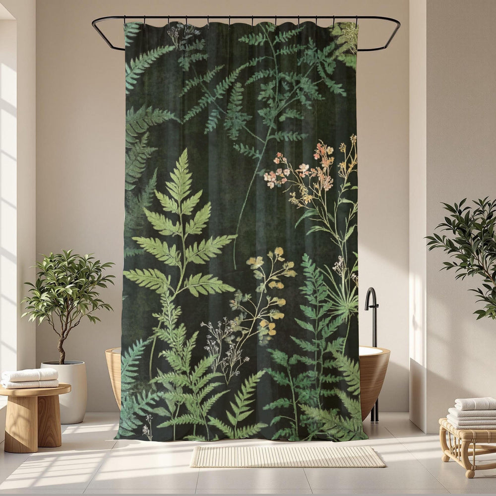 Dark Botanical Shower Curtain, Moody Fern Bathroom Decor, Forest Green Bath Curtain, Nature Inspired Style