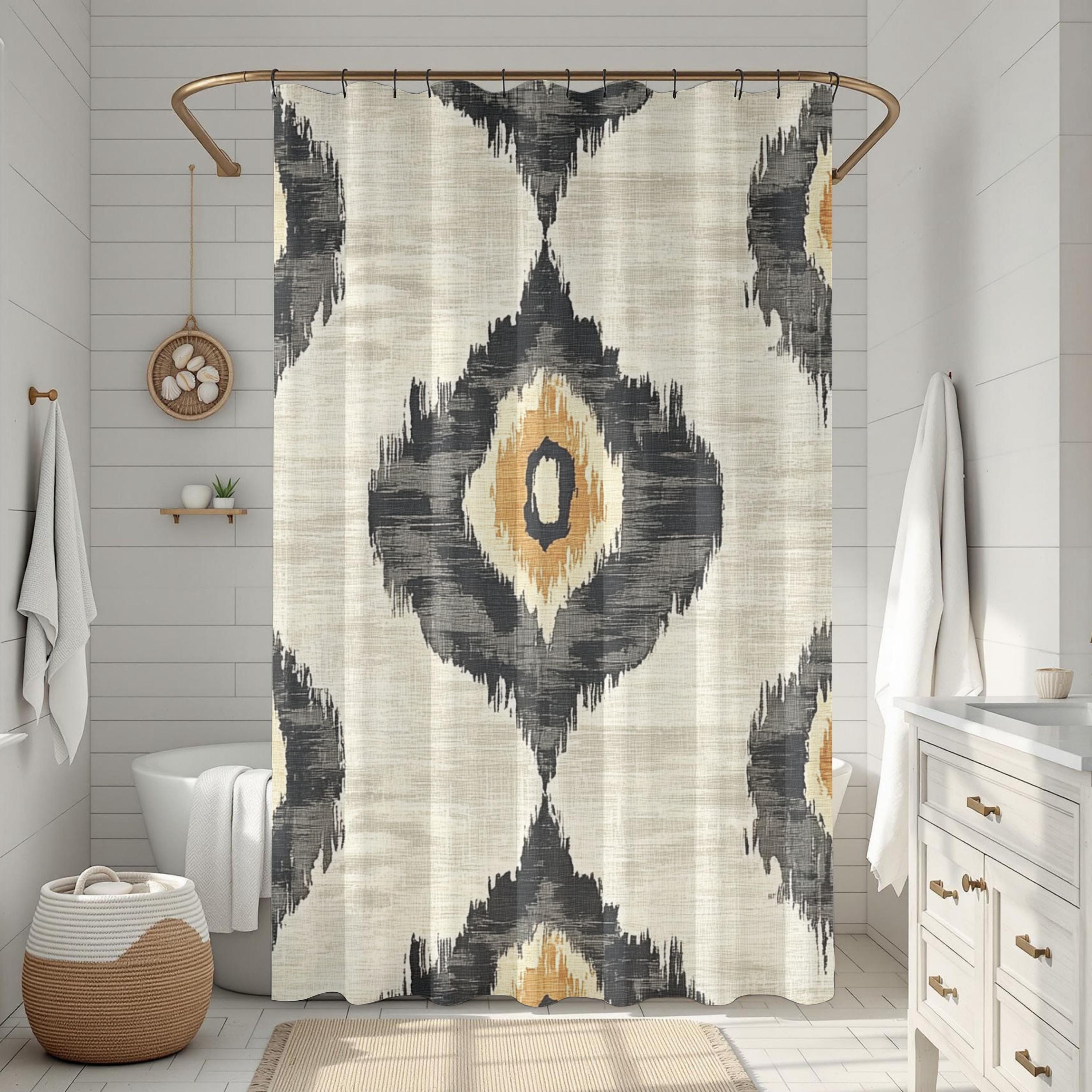 Neutral Ikat Shower Curtain, Modern Tribal Bathroom Decor, Beige Black Bath Curtain, Minimal Pattern Style