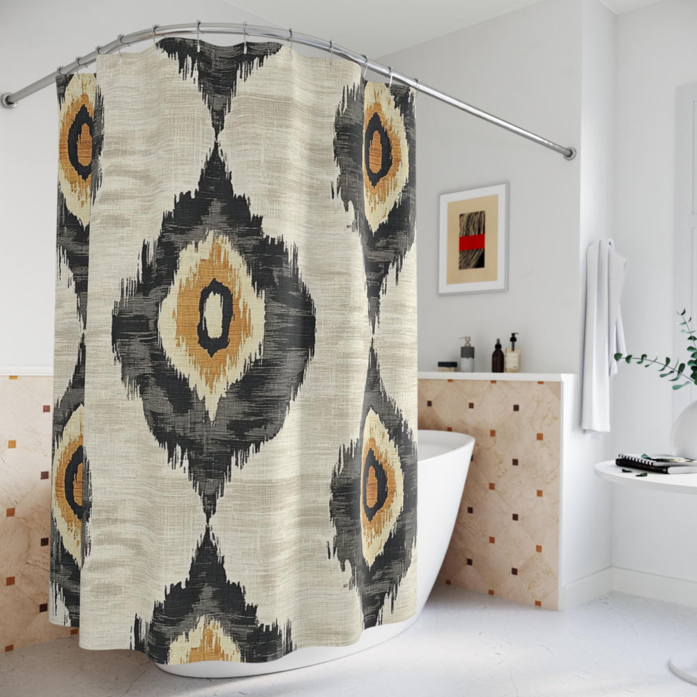 Neutral Ikat Shower Curtain, Modern Tribal Bathroom Decor, Beige Black Bath Curtain, Minimal Pattern Style