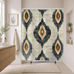 Neutral Ikat Shower Curtain, Modern Tribal Bathroom Decor, Beige Black Bath Curtain, Minimal Pattern Style