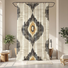 Neutral Ikat Shower Curtain, Modern Tribal Bathroom Decor, Beige Black Bath Curtain, Minimal Pattern Style
