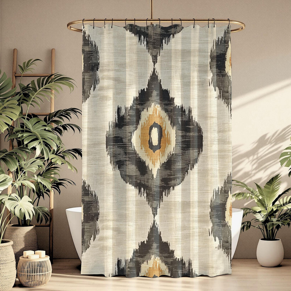 Neutral Ikat Shower Curtain, Modern Tribal Bathroom Decor, Beige Black Bath Curtain, Minimal Pattern Style