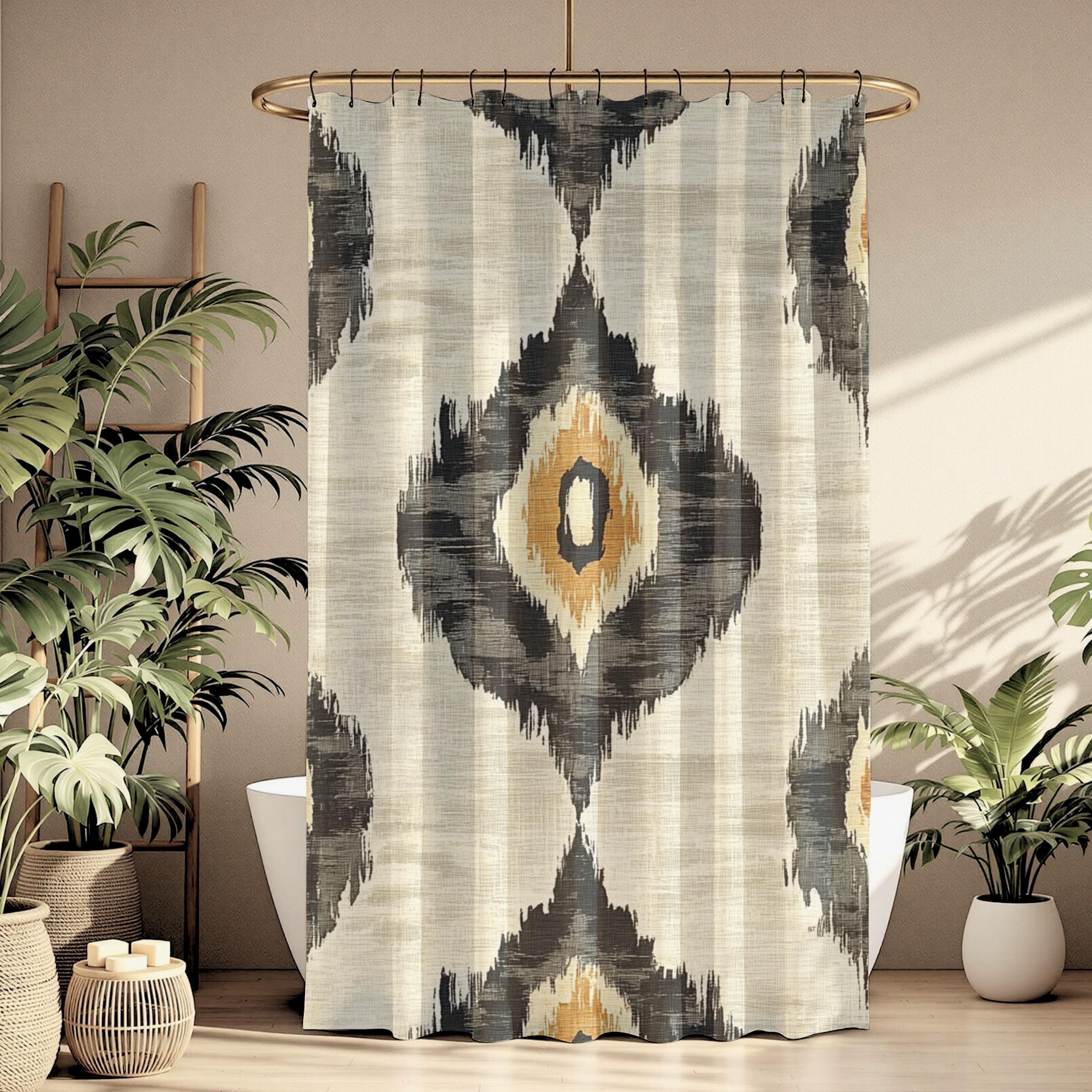 Neutral Ikat Shower Curtain, Modern Tribal Bathroom Decor, Beige Black Bath Curtain, Minimal Pattern Style