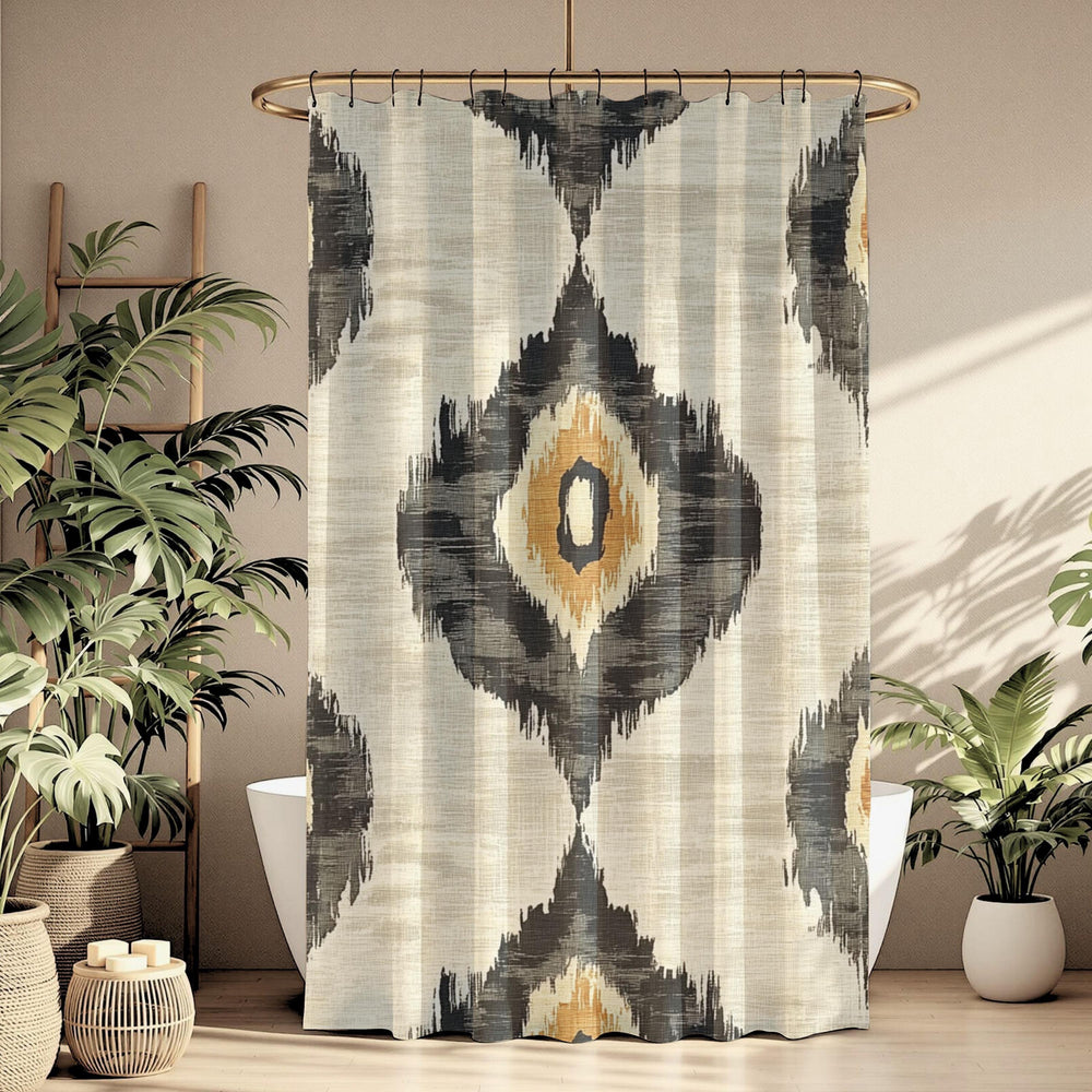 Neutral Ikat Shower Curtain, Modern Tribal Bathroom Decor, Beige Black Bath Curtain, Minimal Pattern Style