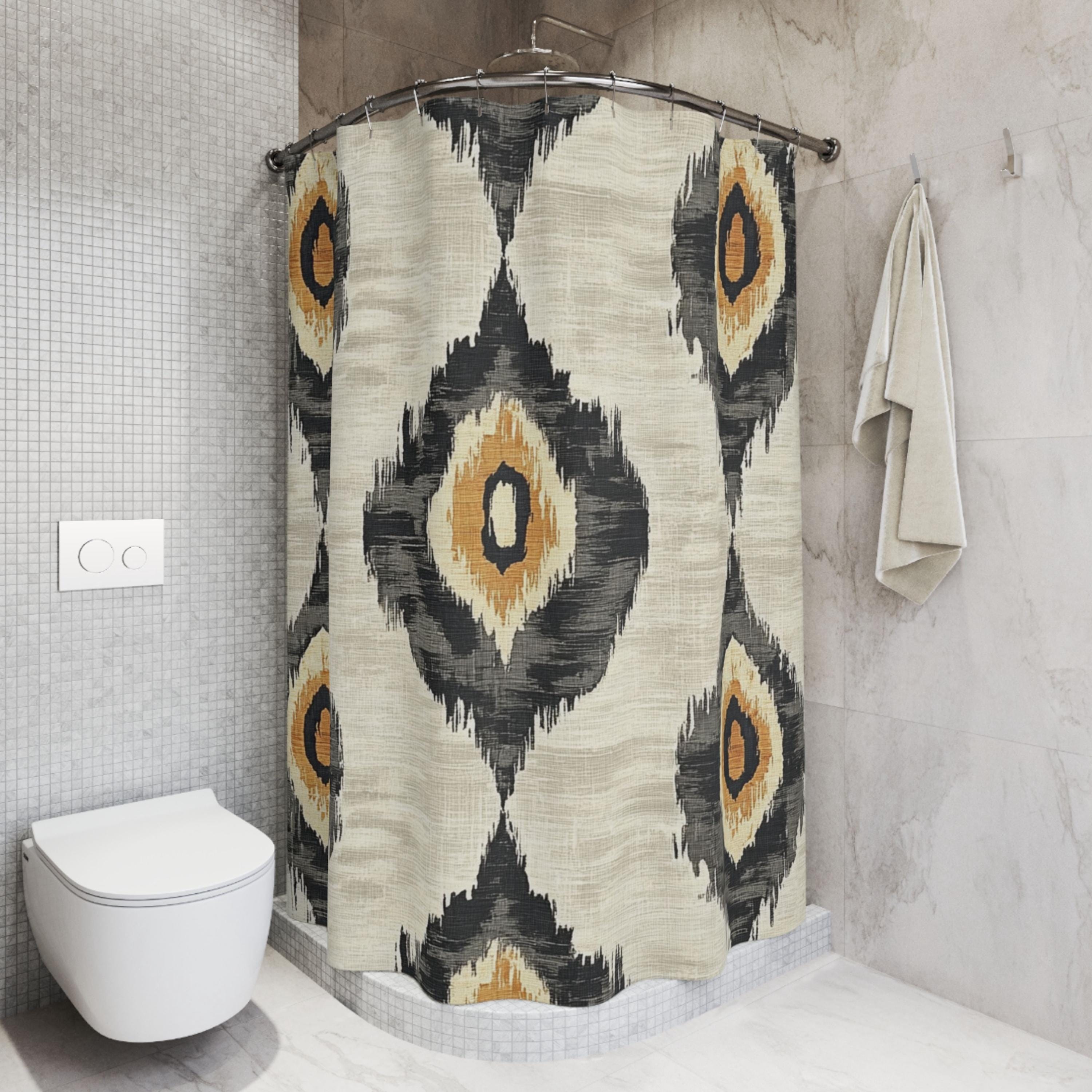 Neutral Ikat Shower Curtain, Modern Tribal Bathroom Decor, Beige Black Bath Curtain, Minimal Pattern Style