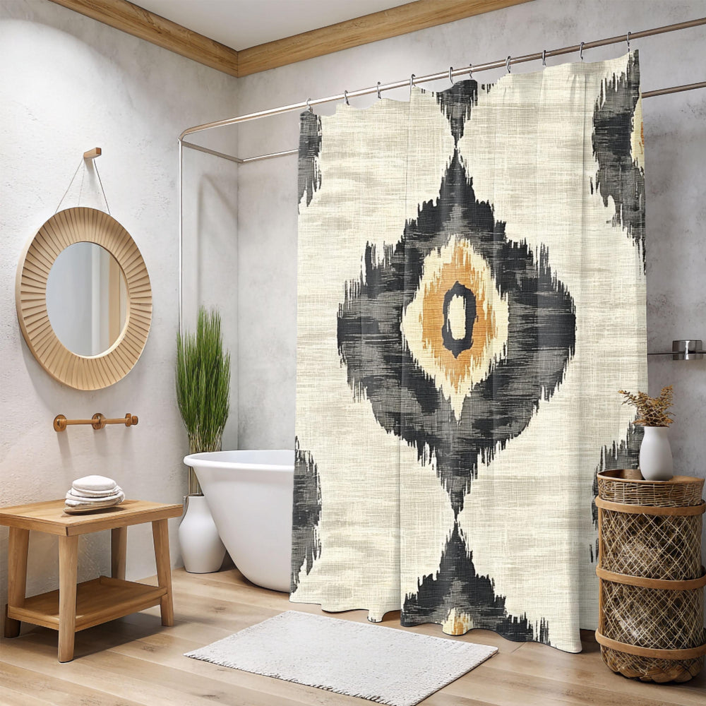 Neutral Ikat Shower Curtain, Modern Tribal Bathroom Decor, Beige Black Bath Curtain, Minimal Pattern Style