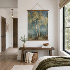 Soft Naturalist Forest Tapestry Wall Hanging, Large Nature Wall Decor, Rustic Woodland Fabric Tapestry, Calm Neutral Bedroom Wall Art