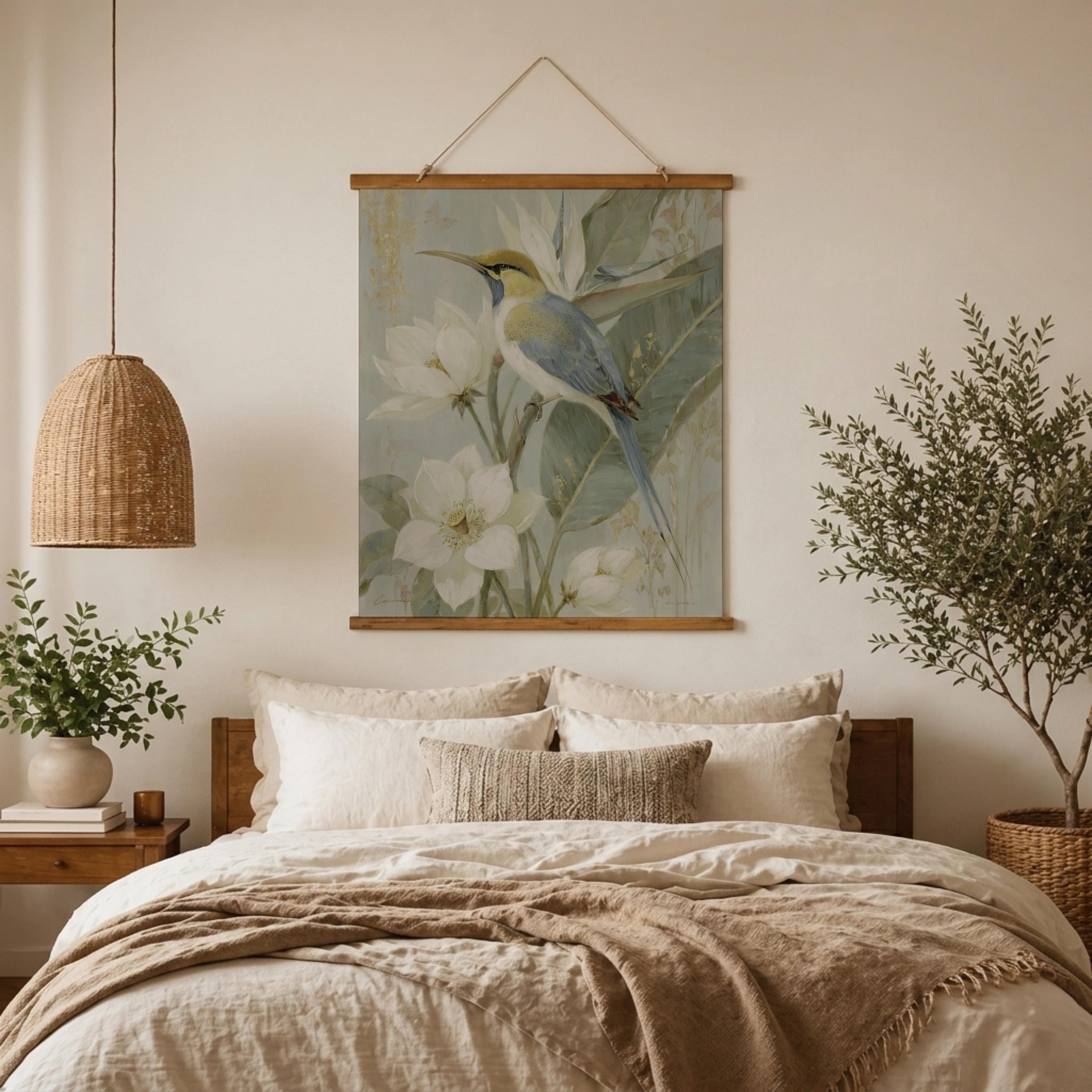 Bird Floral Tapestry Wall Hanging, Large Neutral Nature Wall Decor, Vintage Style Fabric Tapestry, Soft Botanical Bedroom Wall Art