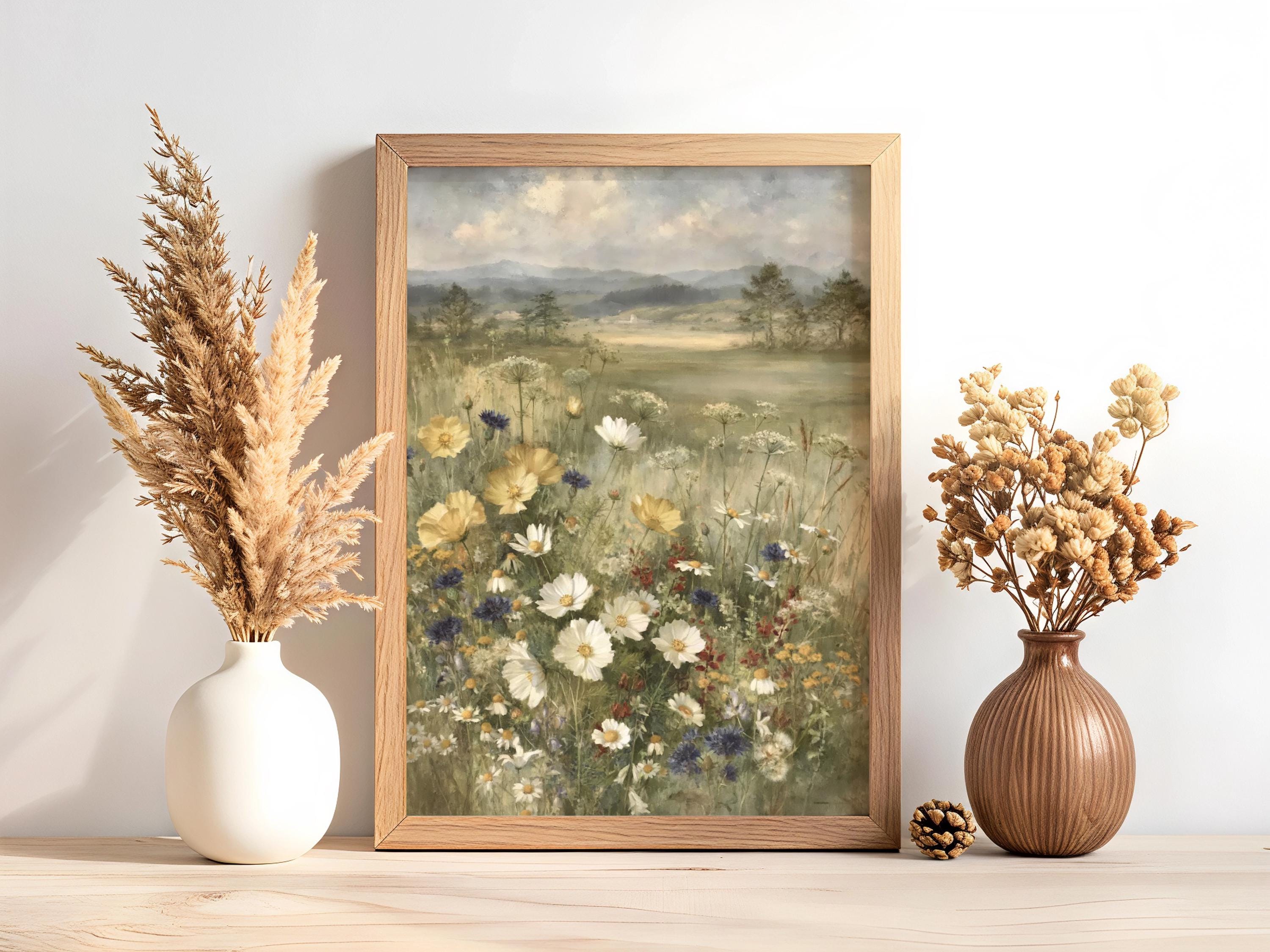 Wildflower Meadow Wall Art Canvas, Vintage Botanical Landscape Print, Rustic Cottage Field Flowers, Nature Inspired Home Decor