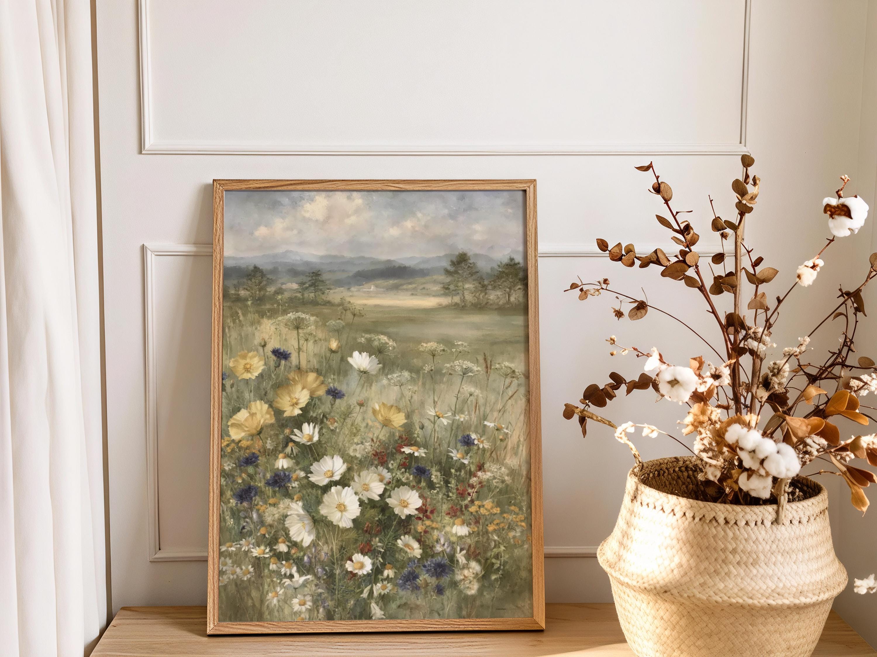 Wildflower Meadow Wall Art Canvas, Vintage Botanical Landscape Print, Rustic Cottage Field Flowers, Nature Inspired Home Decor