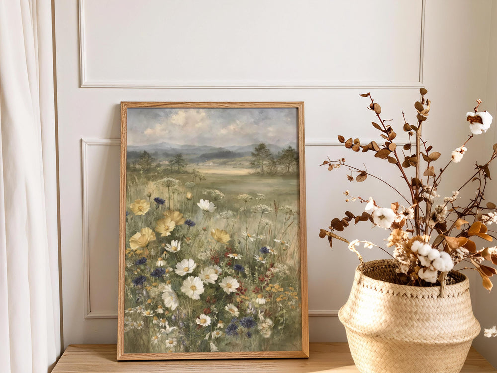 Wildflower Meadow Wall Art Canvas, Vintage Botanical Landscape Print, Rustic Cottage Field Flowers, Nature Inspired Home Decor