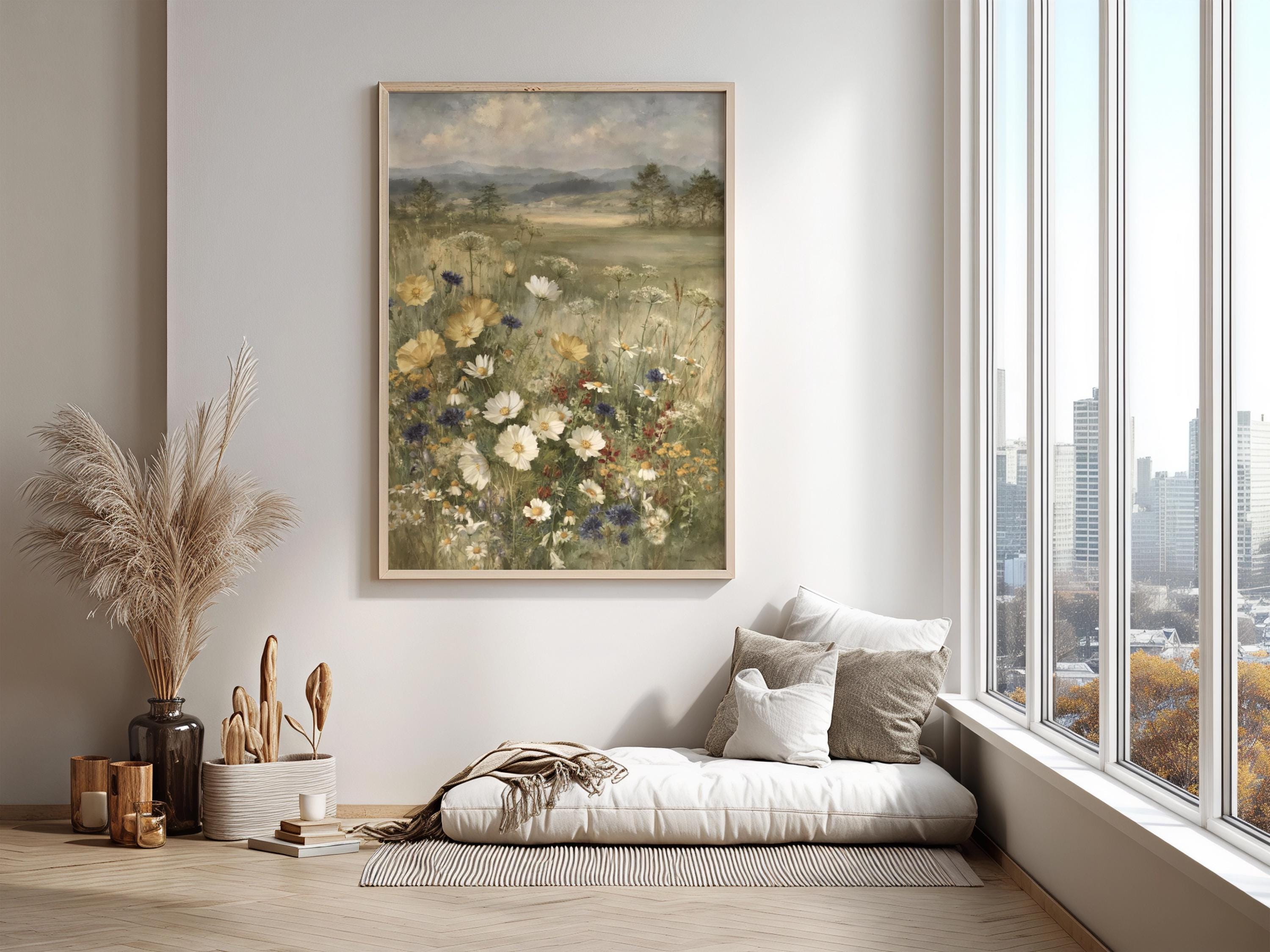 Wildflower Meadow Wall Art Canvas, Vintage Botanical Landscape Print, Rustic Cottage Field Flowers, Nature Inspired Home Decor