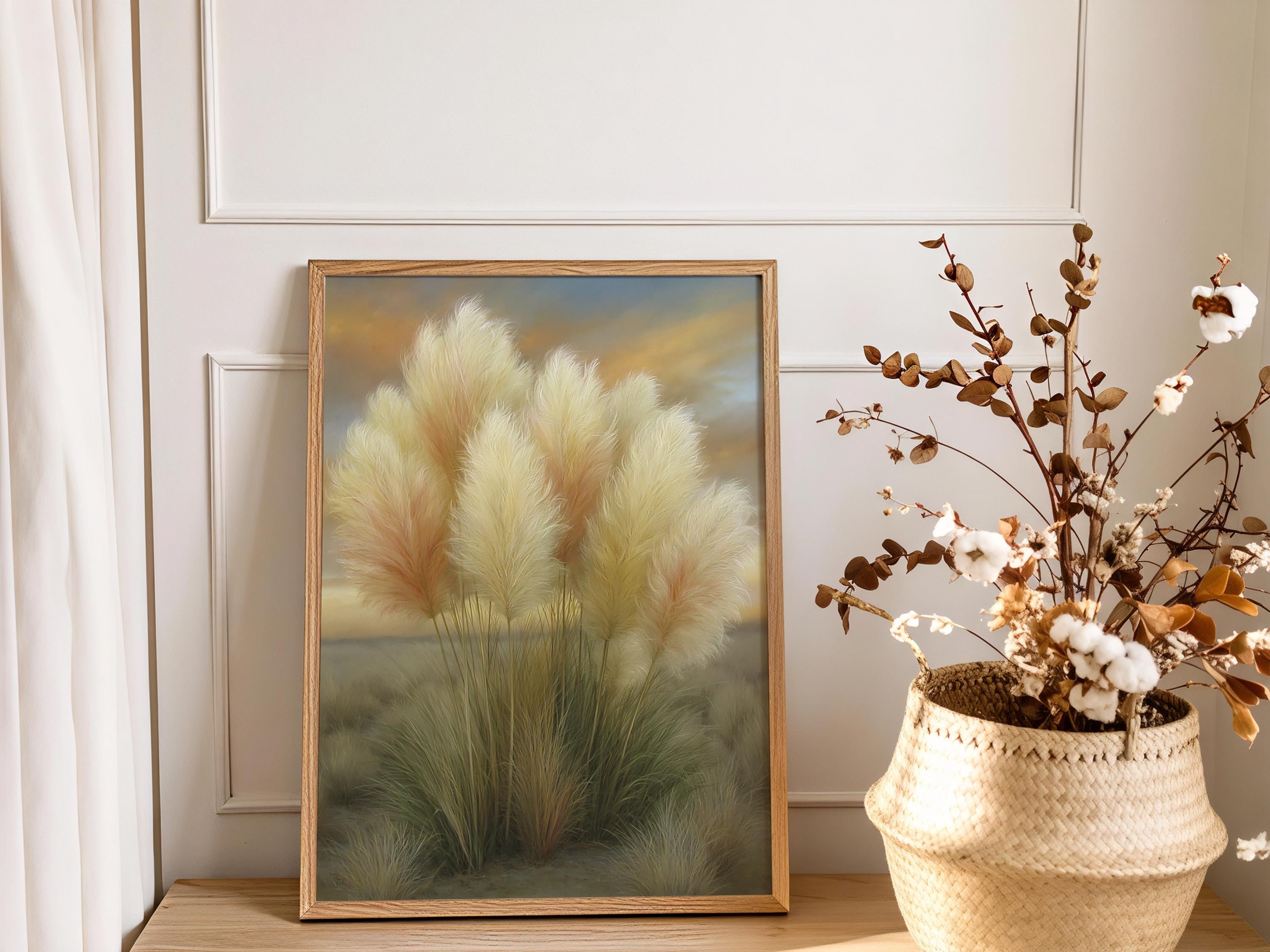 Pampas Grass Wall Art Canvas, Neutral Botanical Print, Beige Boho Decor, Soft Landscape Wall Art, Modern Farmhouse Neutral Wall Art