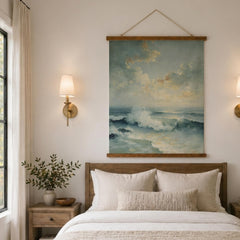Soft Ocean Wave Tapestry Wall Hanging, Light Coastal Sea Fabric Tapestry, Calm Beach Bedroom Tapestry, Airy Blue Water Decor