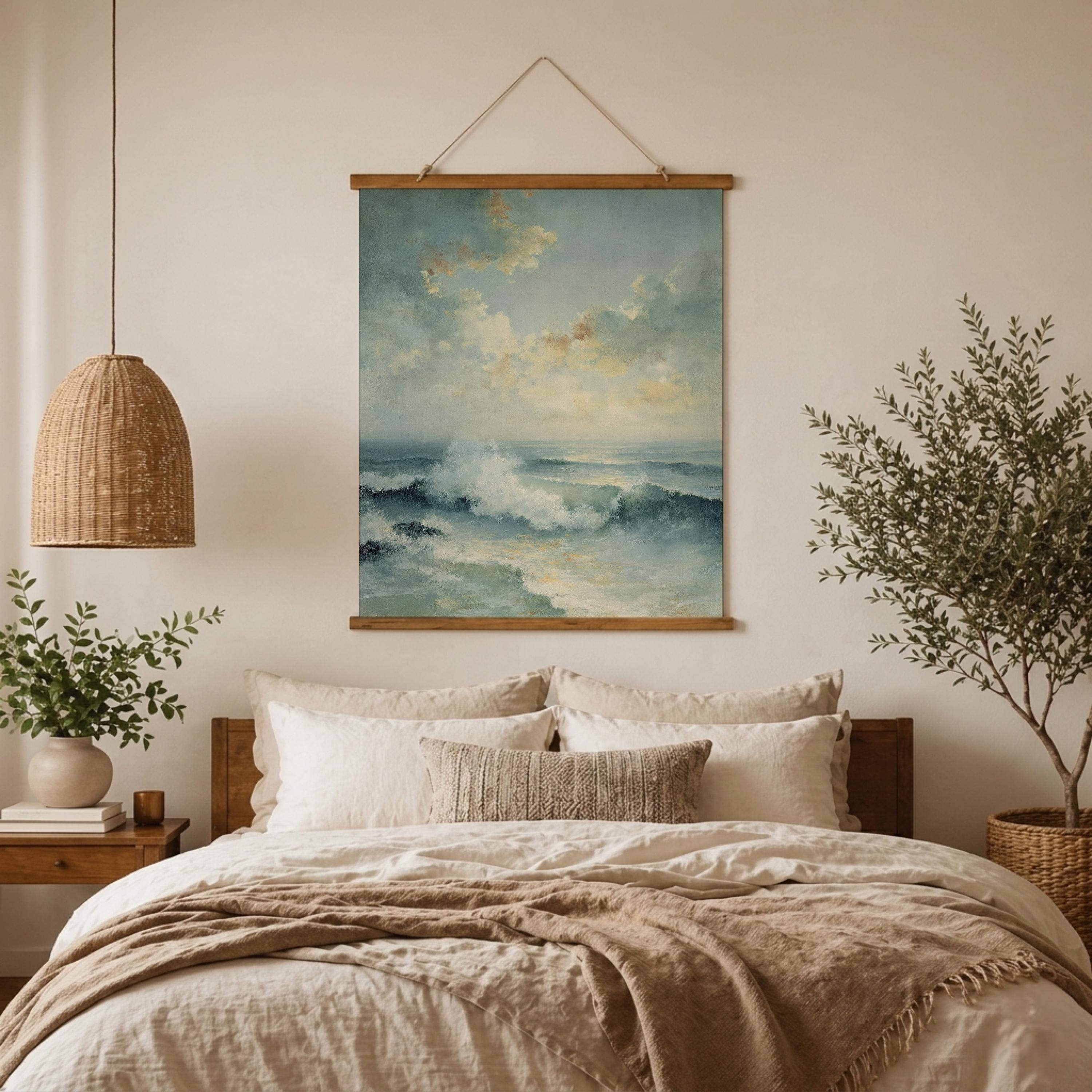 Soft Ocean Wave Tapestry Wall Hanging, Light Coastal Sea Fabric Tapestry, Calm Beach Bedroom Tapestry, Airy Blue Water Decor