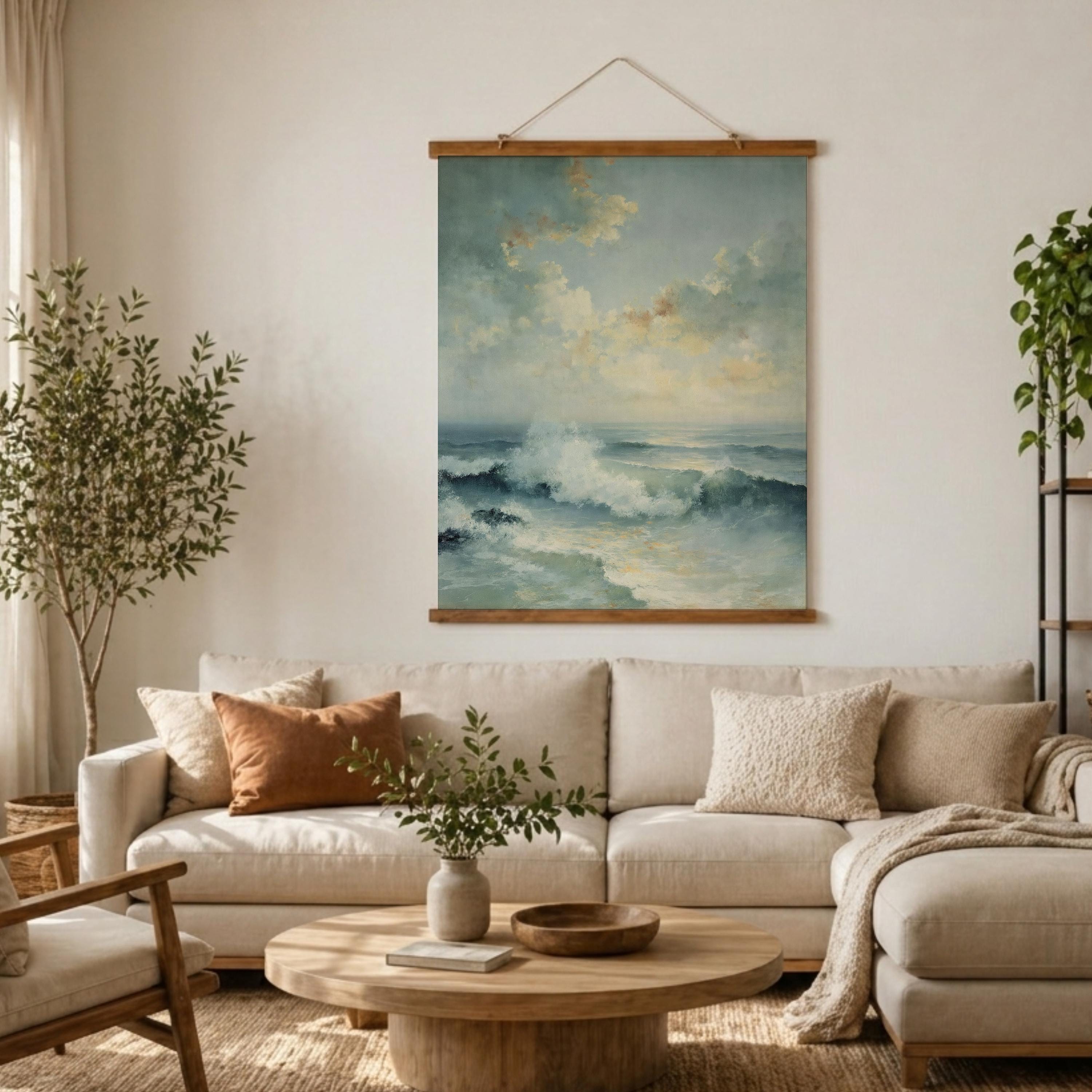 Soft Ocean Wave Tapestry Wall Hanging, Light Coastal Sea Fabric Tapestry, Calm Beach Bedroom Tapestry, Airy Blue Water Decor