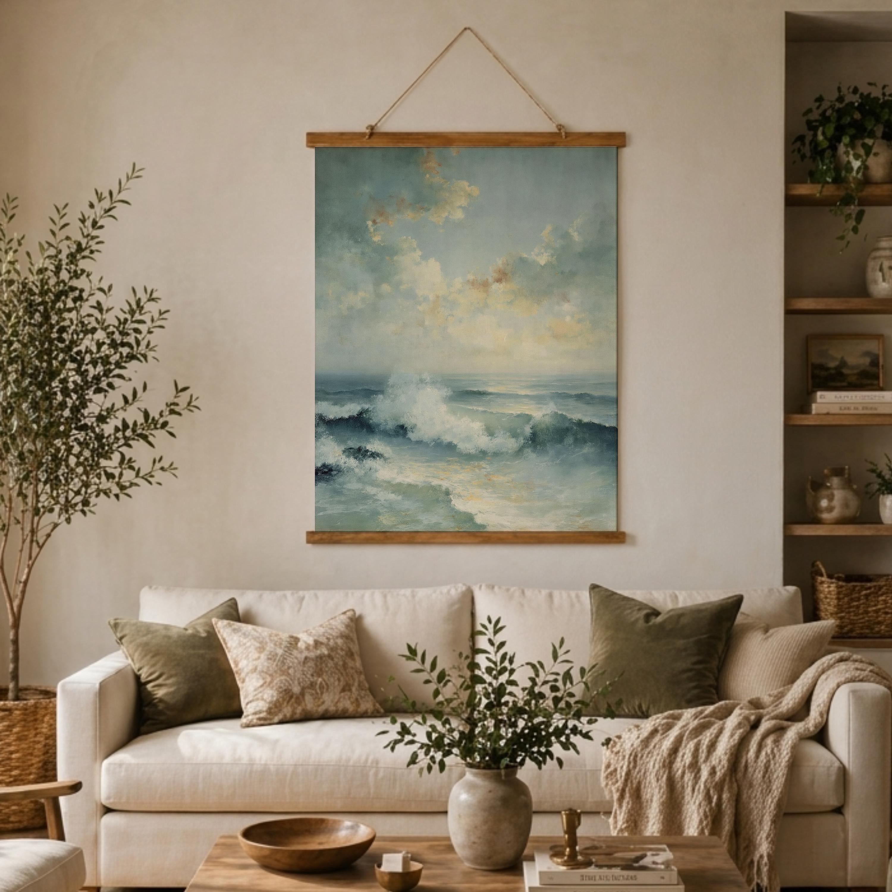 Soft Ocean Wave Tapestry Wall Hanging, Light Coastal Sea Fabric Tapestry, Calm Beach Bedroom Tapestry, Airy Blue Water Decor