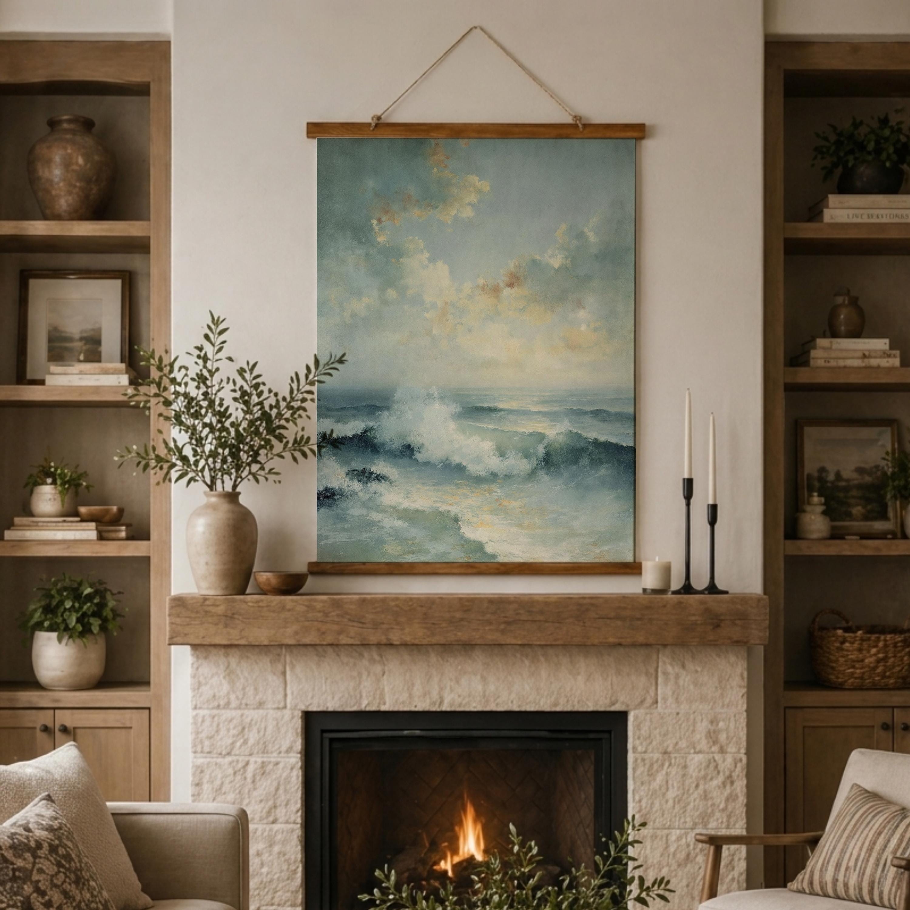 Soft Ocean Wave Tapestry Wall Hanging, Light Coastal Sea Fabric Tapestry, Calm Beach Bedroom Tapestry, Airy Blue Water Decor