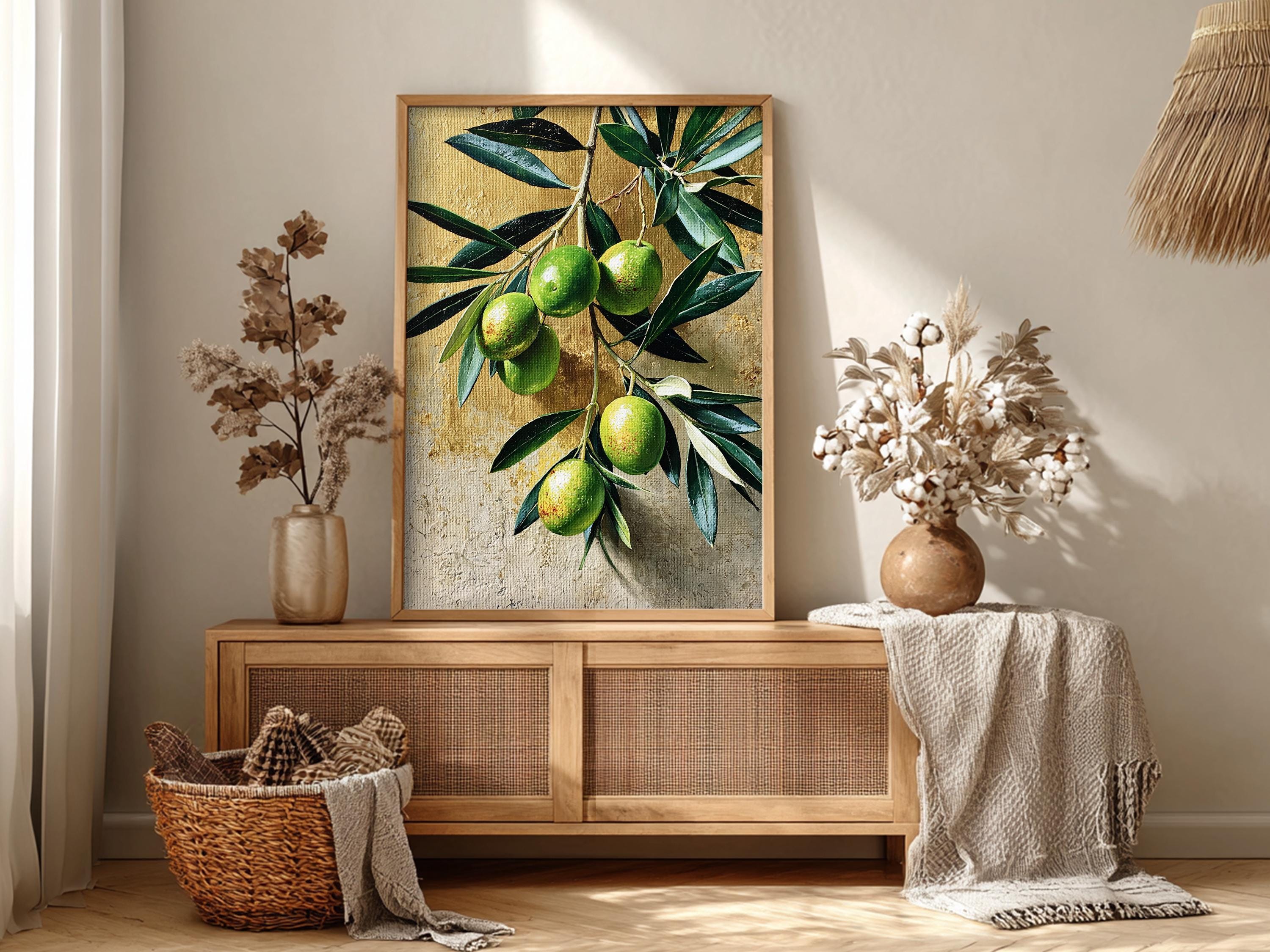 Olive Branch Wall Art Canvas, Mediterranean Kitchen Decor, Rustic Botanical Print, Green Olive Fruit Art, Farmhouse Kitchen Wall Art