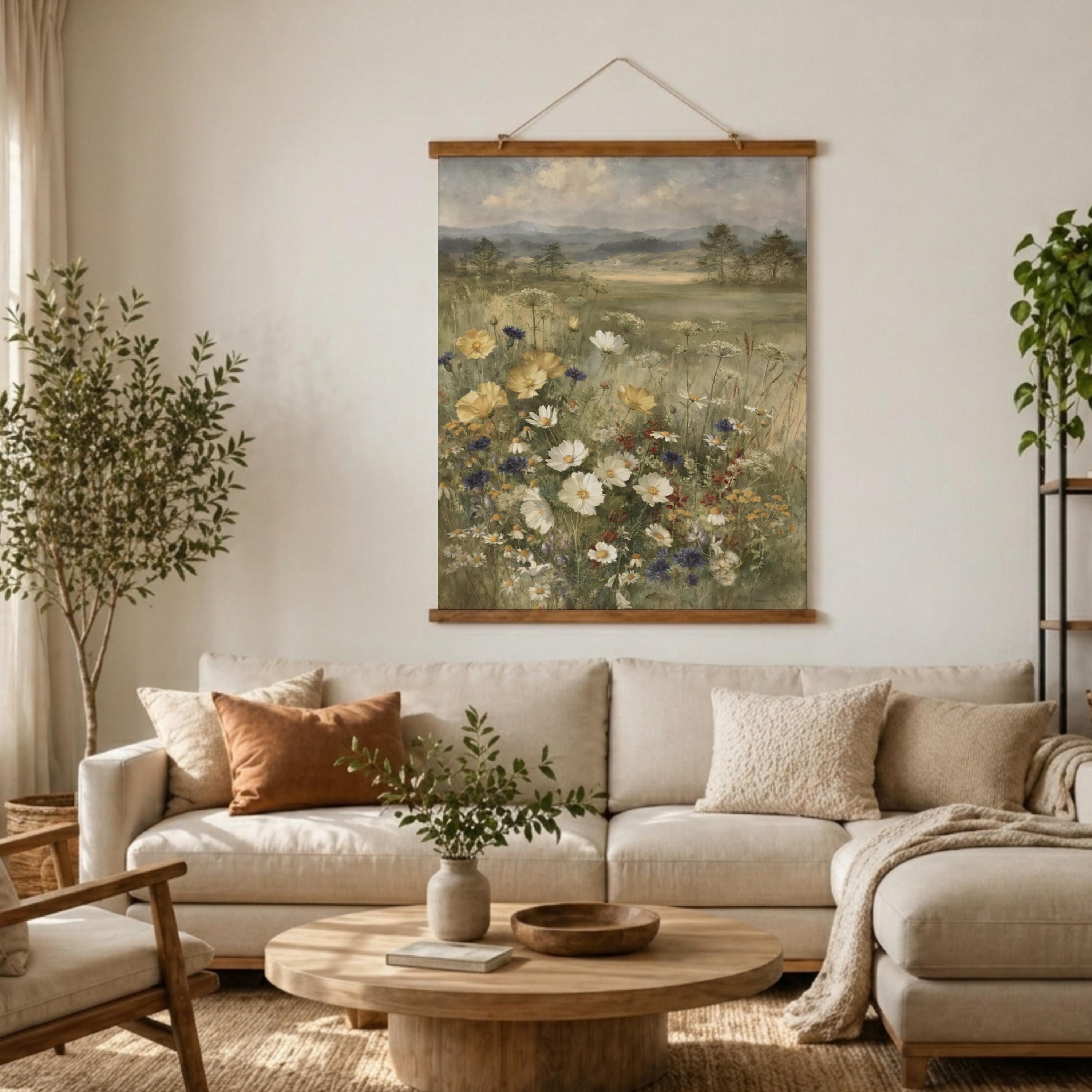 Wildflower Meadow Tapestry Wall Hanging, Soft Floral Field Fabric Tapestry, Calm Country Landscape Tapestry, Neutral Cottage Bedroom Decor