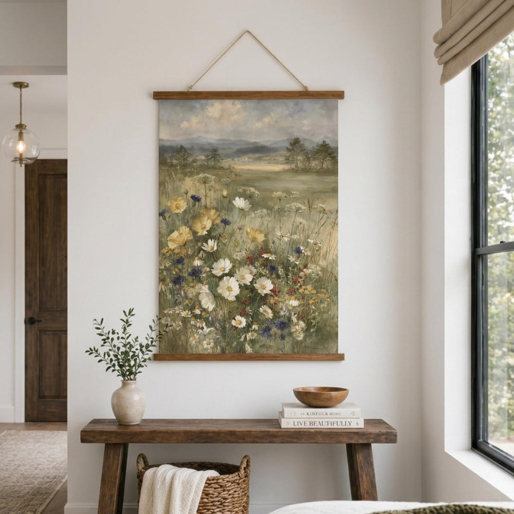 Wildflower Meadow Tapestry Wall Hanging, Soft Floral Field Fabric Tapestry, Calm Country Landscape Tapestry, Neutral Cottage Bedroom Decor