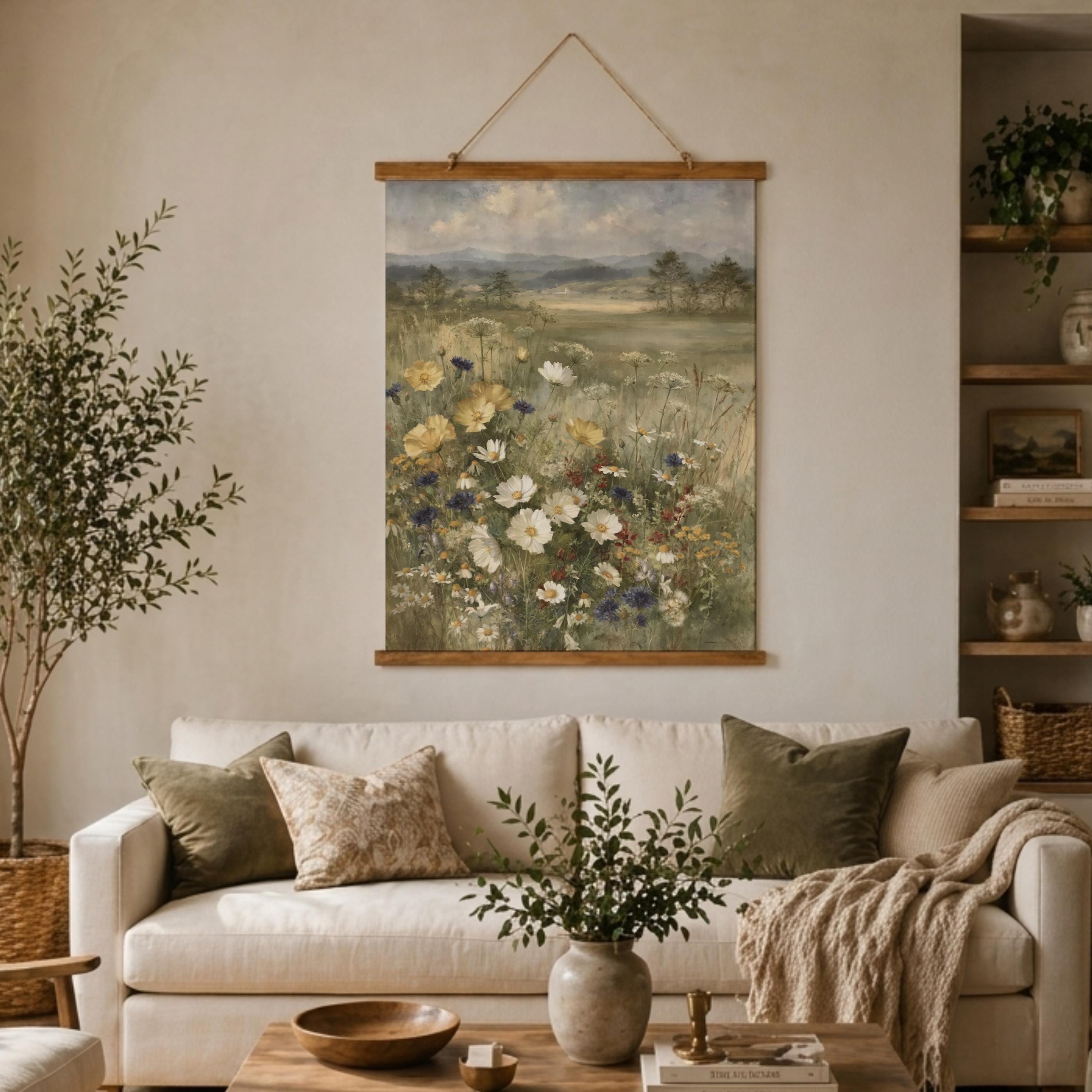 Wildflower Meadow Tapestry Wall Hanging, Soft Floral Field Fabric Tapestry, Calm Country Landscape Tapestry, Neutral Cottage Bedroom Decor