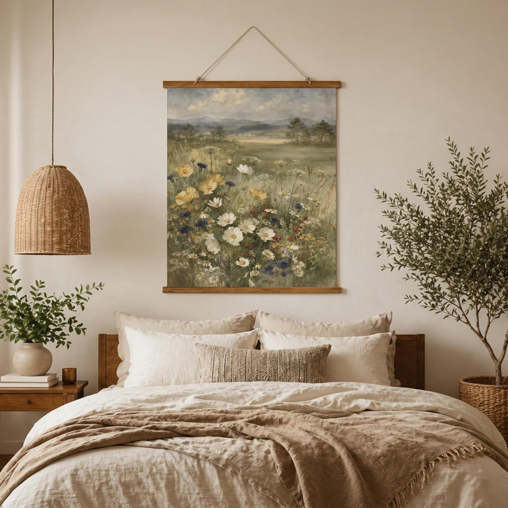 Wildflower Meadow Tapestry Wall Hanging, Soft Floral Field Fabric Tapestry, Calm Country Landscape Tapestry, Neutral Cottage Bedroom Decor