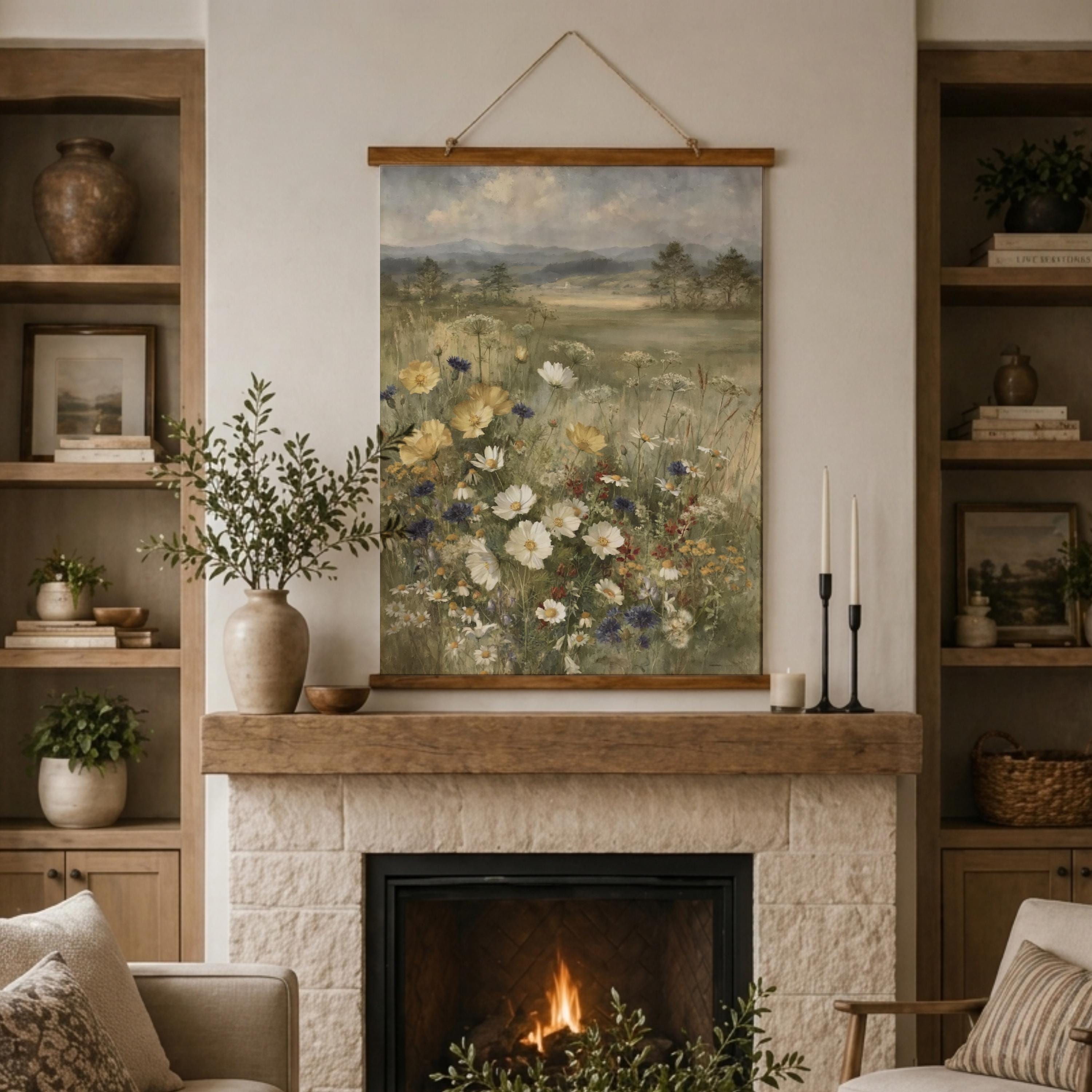 Wildflower Meadow Tapestry Wall Hanging, Soft Floral Field Fabric Tapestry, Calm Country Landscape Tapestry, Neutral Cottage Bedroom Decor