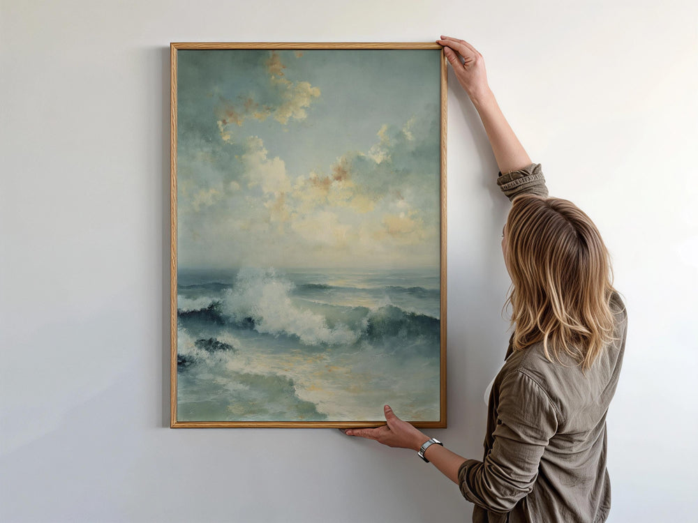 Coastal Seascape Wall Art Canvas, Ocean Waves Print, Beach House Decor, Soft Blue Ocean Art, Modern Coastal Farmhouse Wall Art