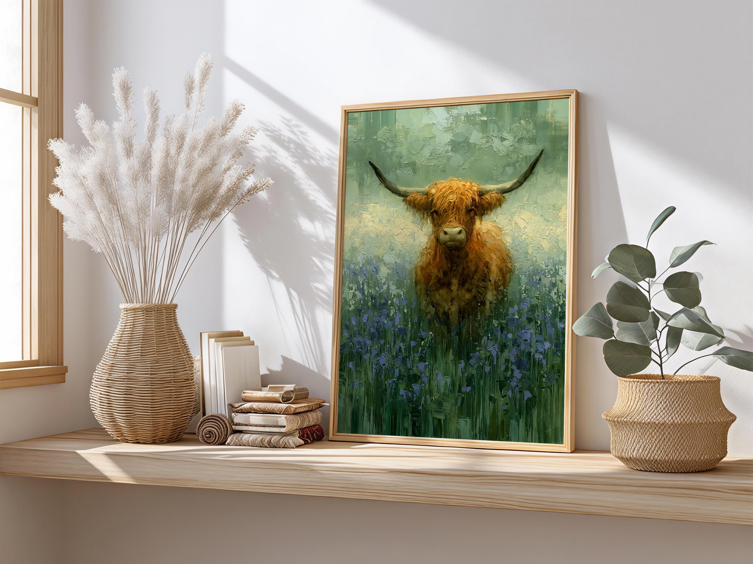 Highland Cow Wall Art Canvas, Rustic Farmhouse Animal Print, Country Cottage Decor, Farm Animal Wall Art