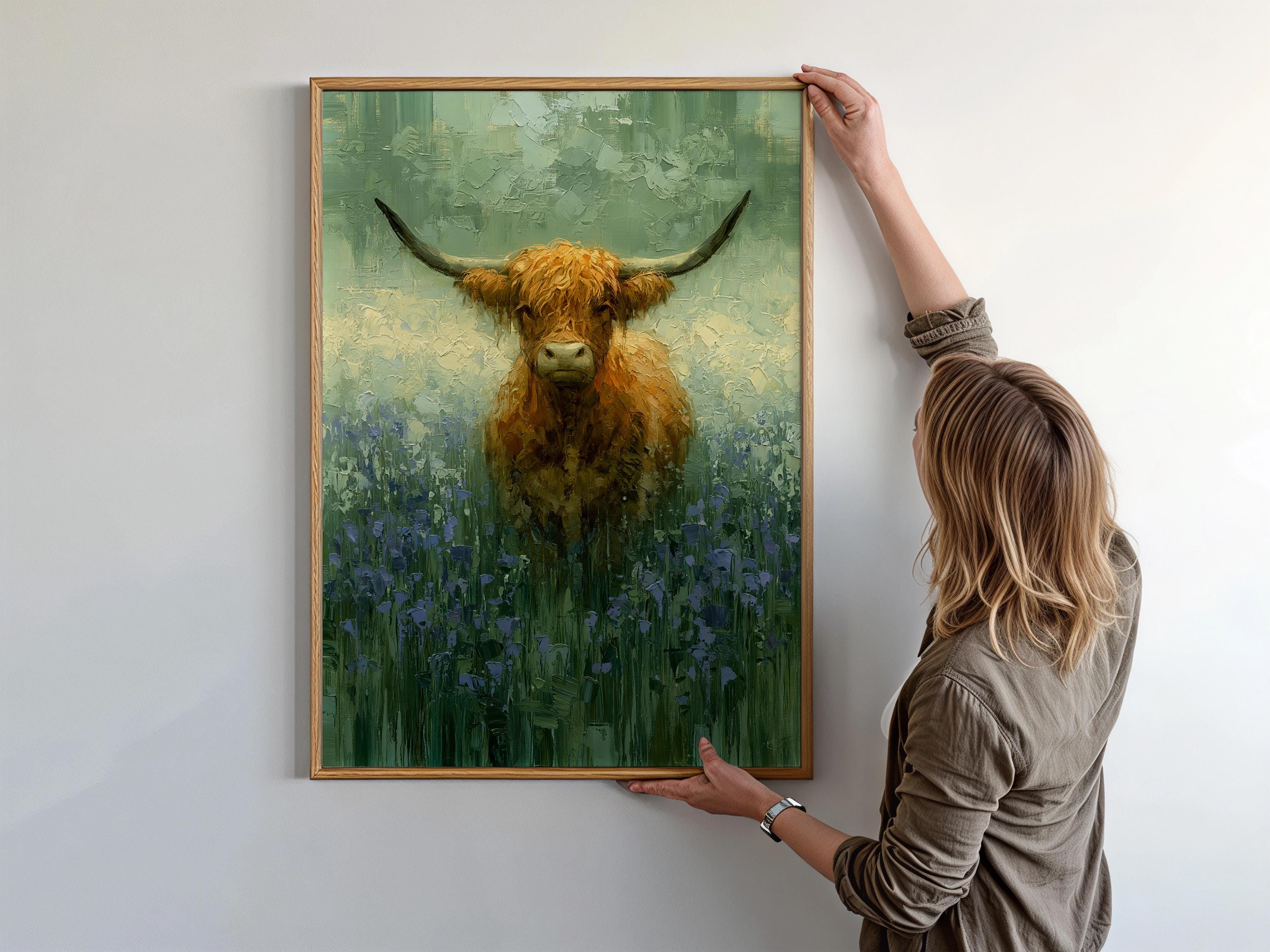 Highland Cow Wall Art Canvas, Rustic Farmhouse Animal Print, Country Cottage Decor, Farm Animal Wall Art