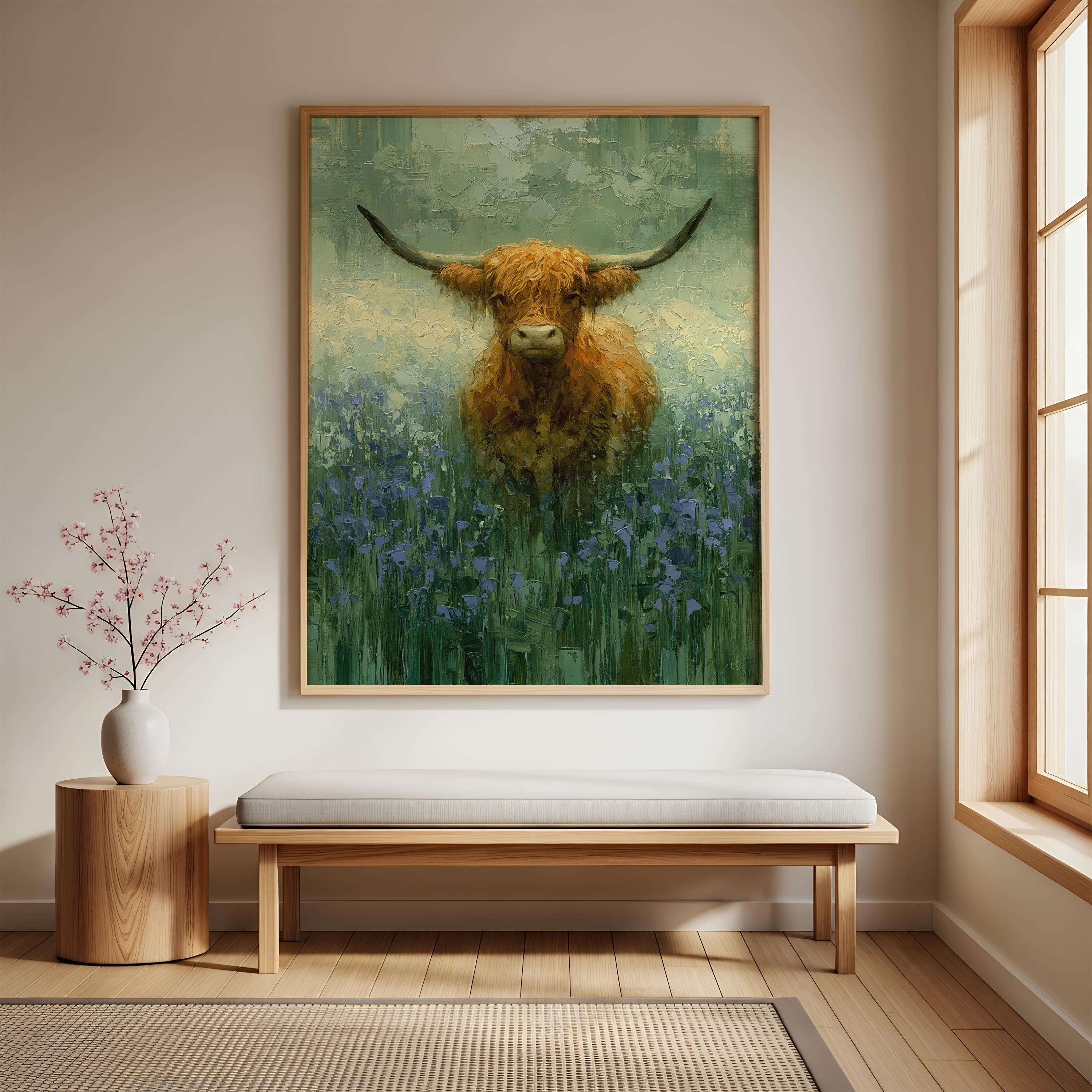 Highland Cow Wall Art Canvas, Rustic Farmhouse Animal Print, Country Cottage Decor, Farm Animal Wall Art