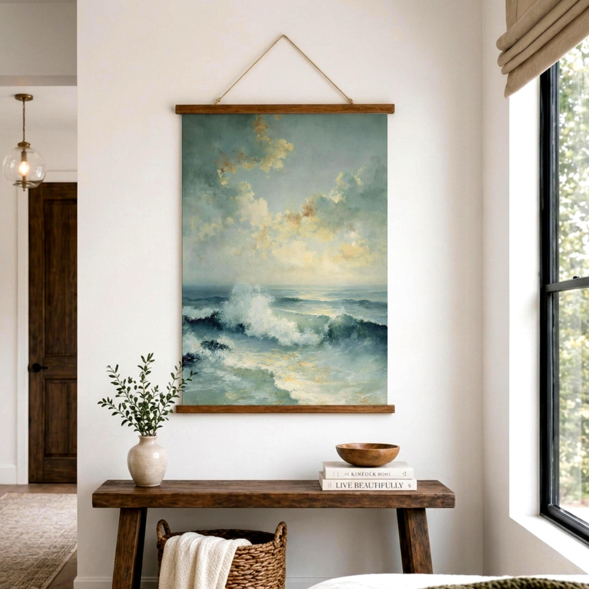 Soft Ocean Wave Tapestry Wall Hanging, Light Coastal Sea Fabric Tapestry, Calm Beach Bedroom Tapestry, Airy Blue Water Decor