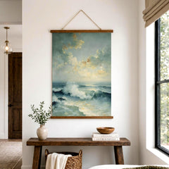 Soft Ocean Wave Tapestry Wall Hanging, Light Coastal Sea Fabric Tapestry, Calm Beach Bedroom Tapestry, Airy Blue Water Decor