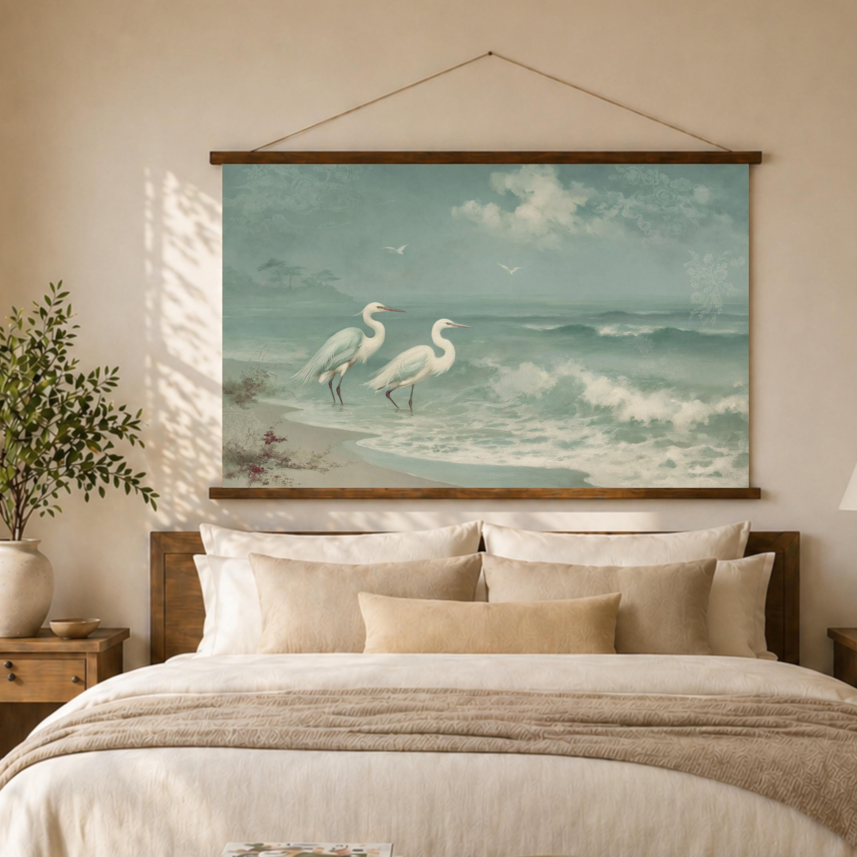 Coastal Egret Beach Tapestry Wall Hanging, Soft Teal Ocean Fabric Tapestry, Calm Shoreline Decor, Serene Coastal Room Accent