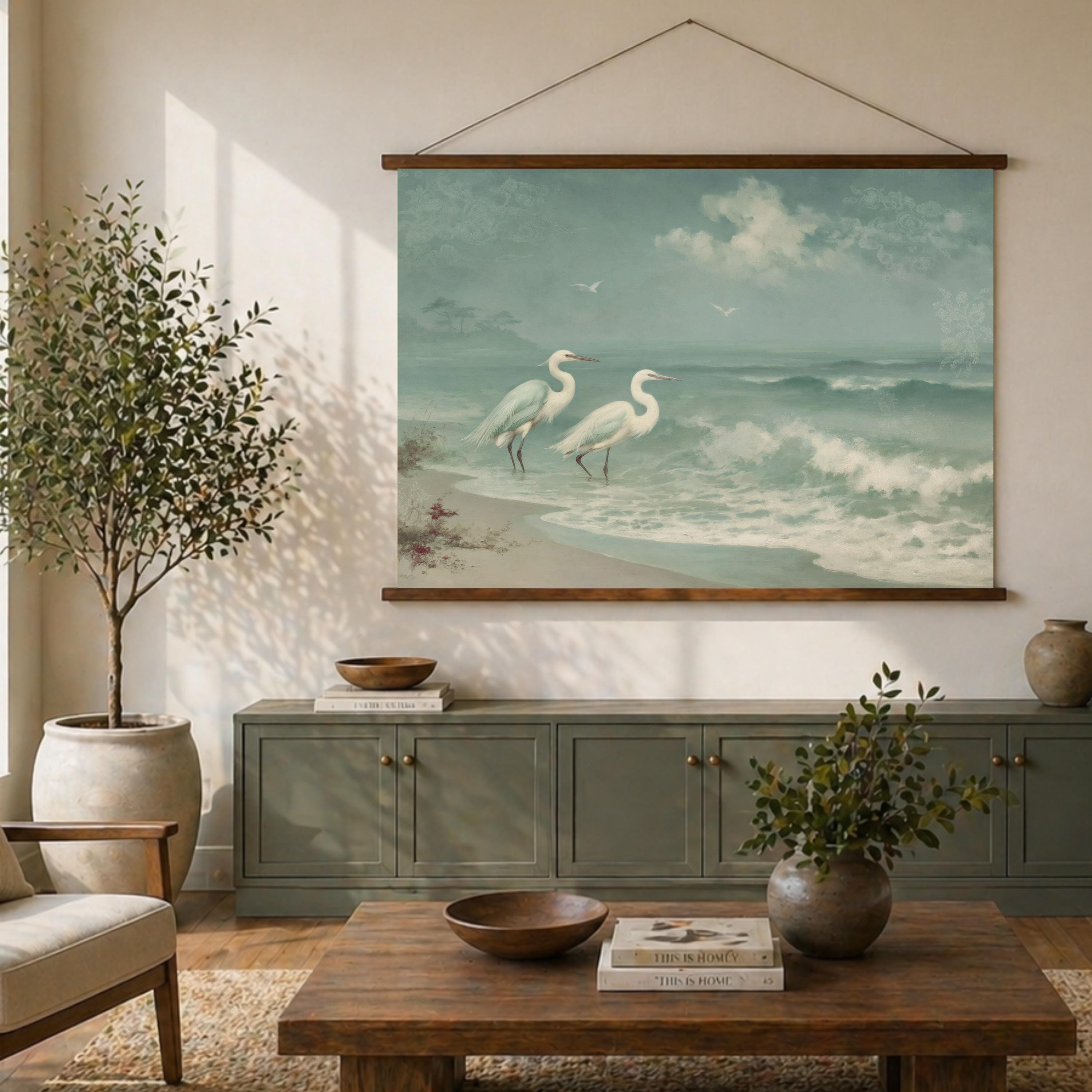Coastal Egret Beach Tapestry Wall Hanging, Soft Teal Ocean Fabric Tapestry, Calm Shoreline Decor, Serene Coastal Room Accent