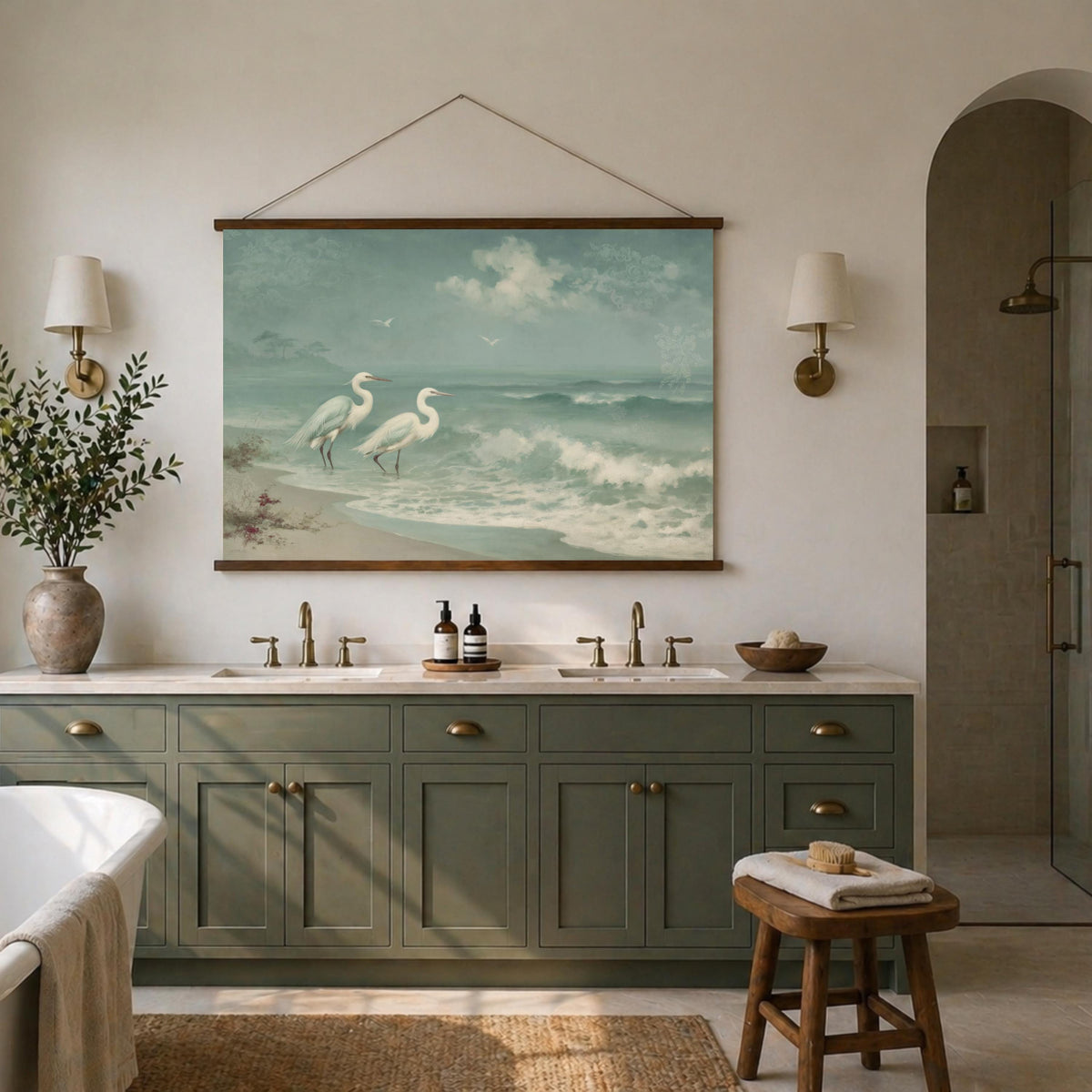 Coastal Egret Beach Tapestry Wall Hanging, Soft Teal Ocean Fabric Tapestry, Calm Shoreline Decor, Serene Coastal Room Accent