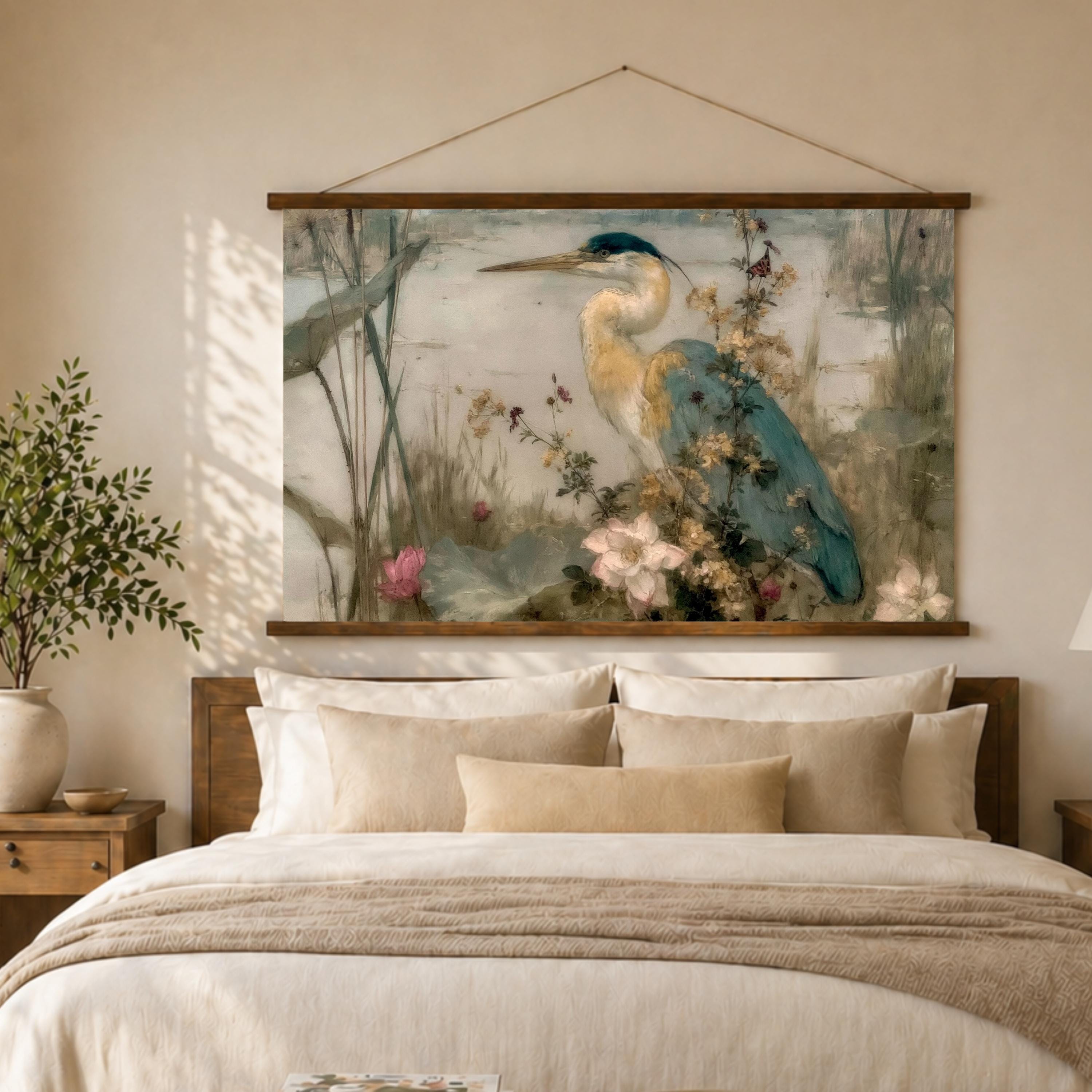 Heron Wetland Tapestry Wall Hanging, Marsh Bird Landscape Fabric Decor, Soft Nature Wildlife Wall Art, Neutral Lake Scene Decor