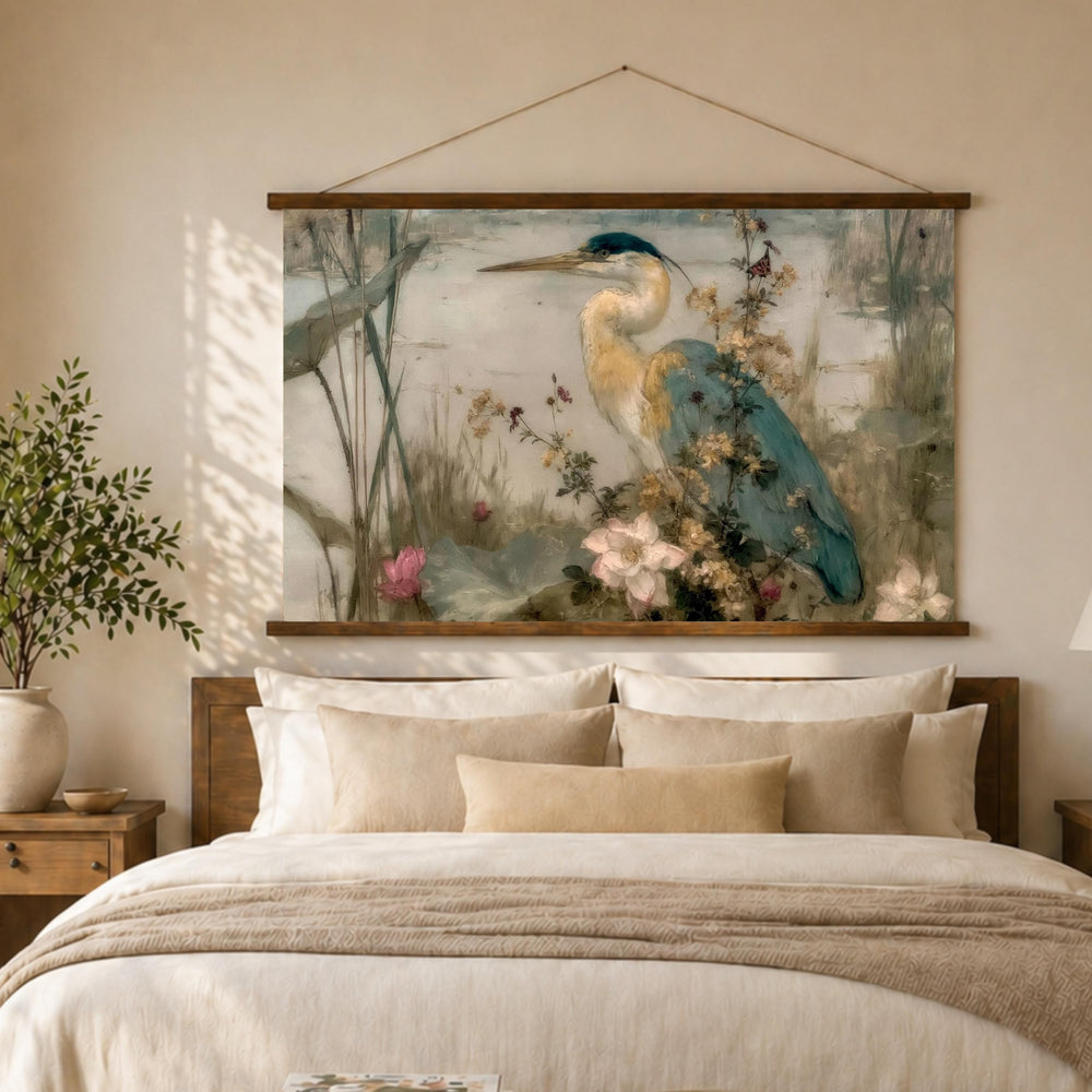 Heron Wetland Tapestry Wall Hanging, Marsh Bird Landscape Fabric Decor, Soft Nature Wildlife Wall Art, Neutral Lake Scene Decor