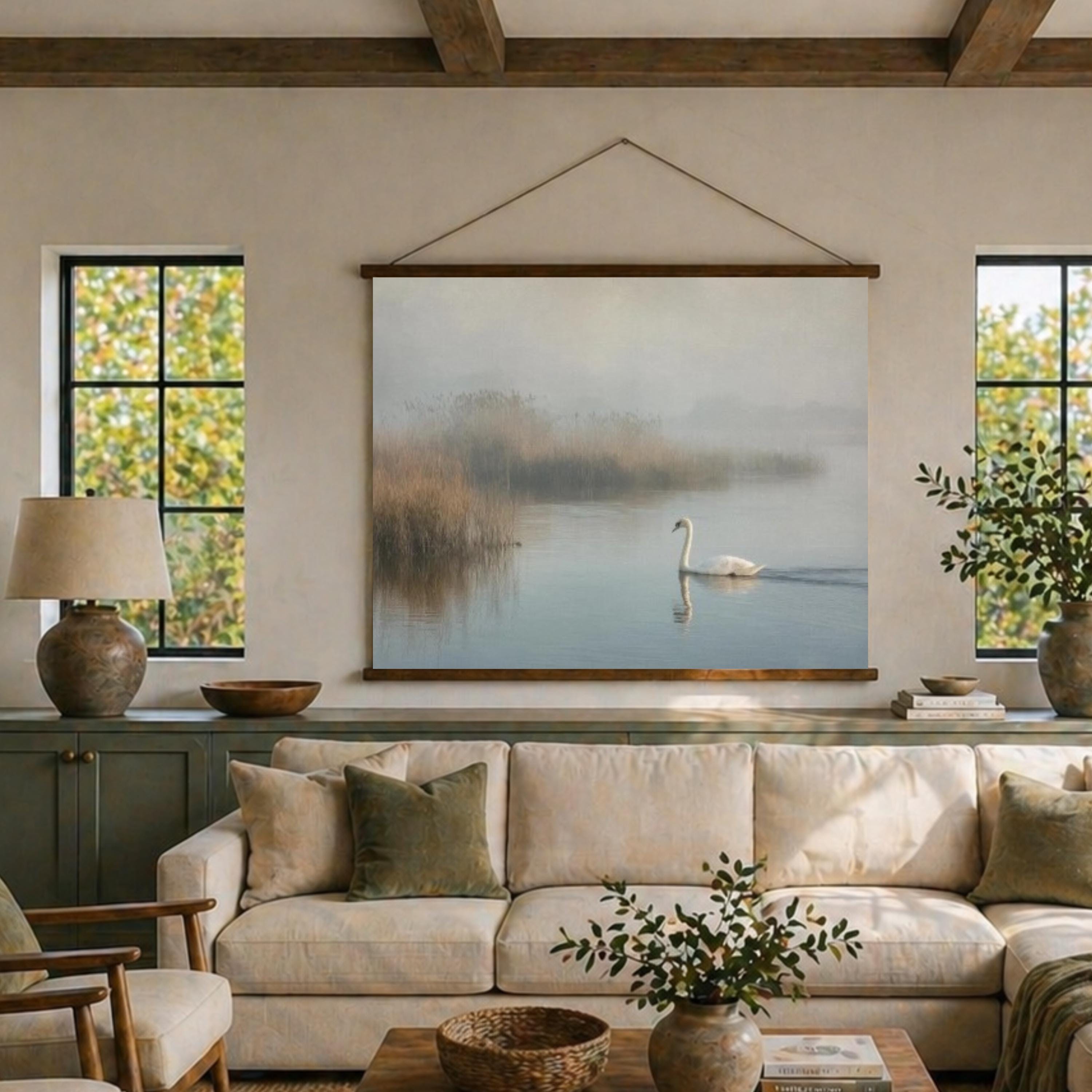 Misty Lake Swan Tapestry Wall Hanging, Foggy Water Landscape Fabric Decor, Calm Nature Wall Art, Neutral Serene Room Accent