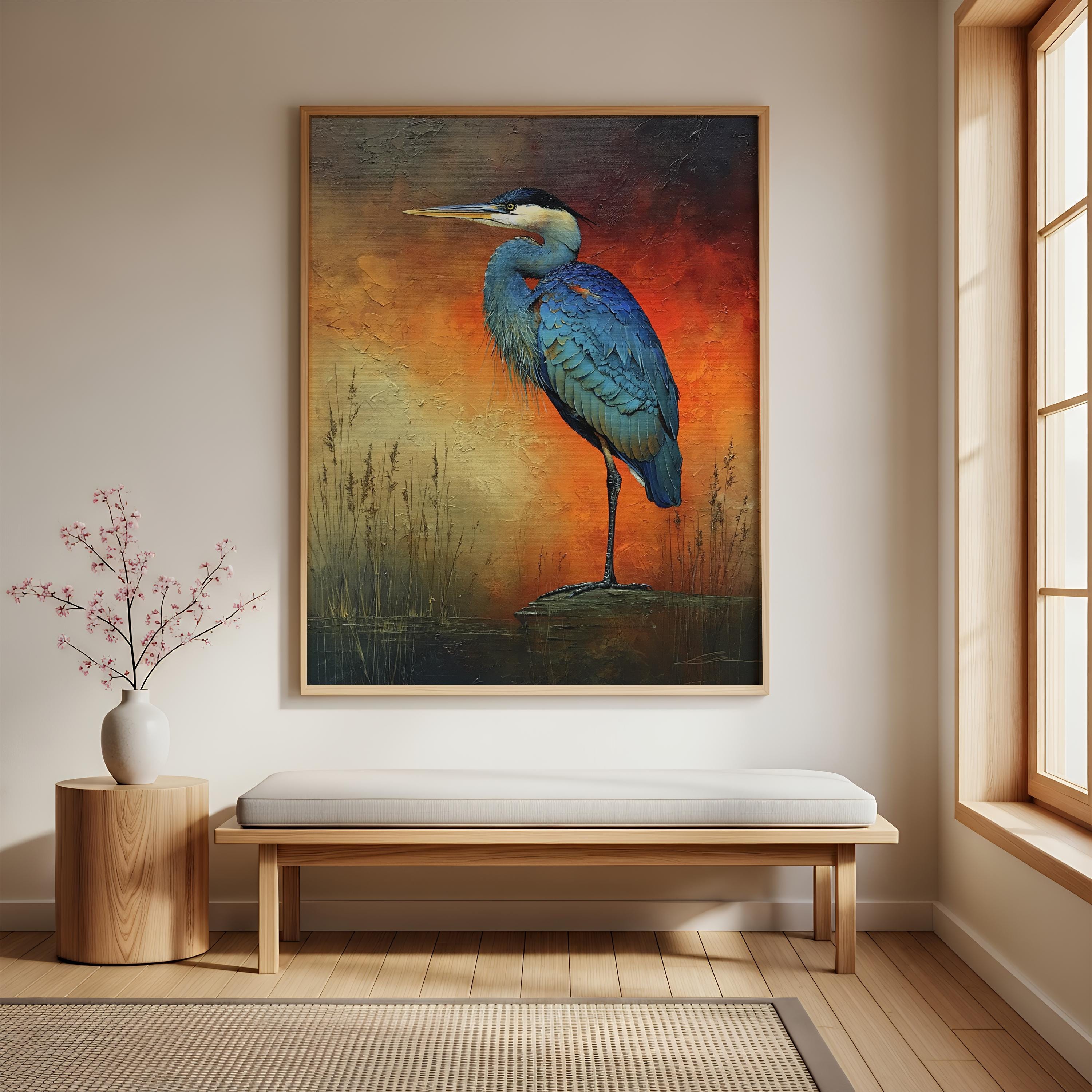 Coastal Heron Canvas Wall Art, Rustic Wildlife Print, Nautical Home Decor, Nature Heron Print
