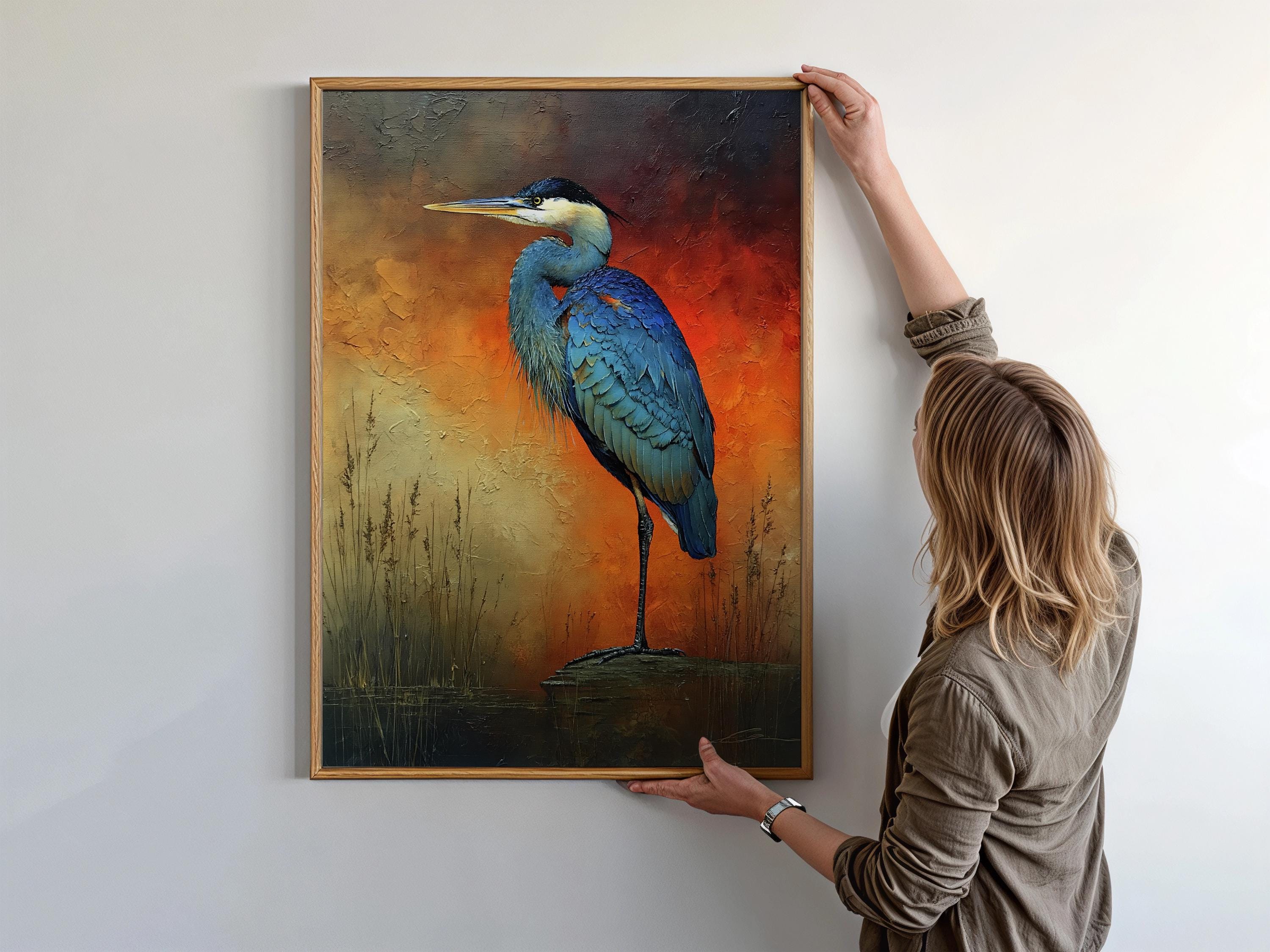 Coastal Heron Canvas Wall Art, Rustic Wildlife Print, Nautical Home Decor, Nature Heron Print