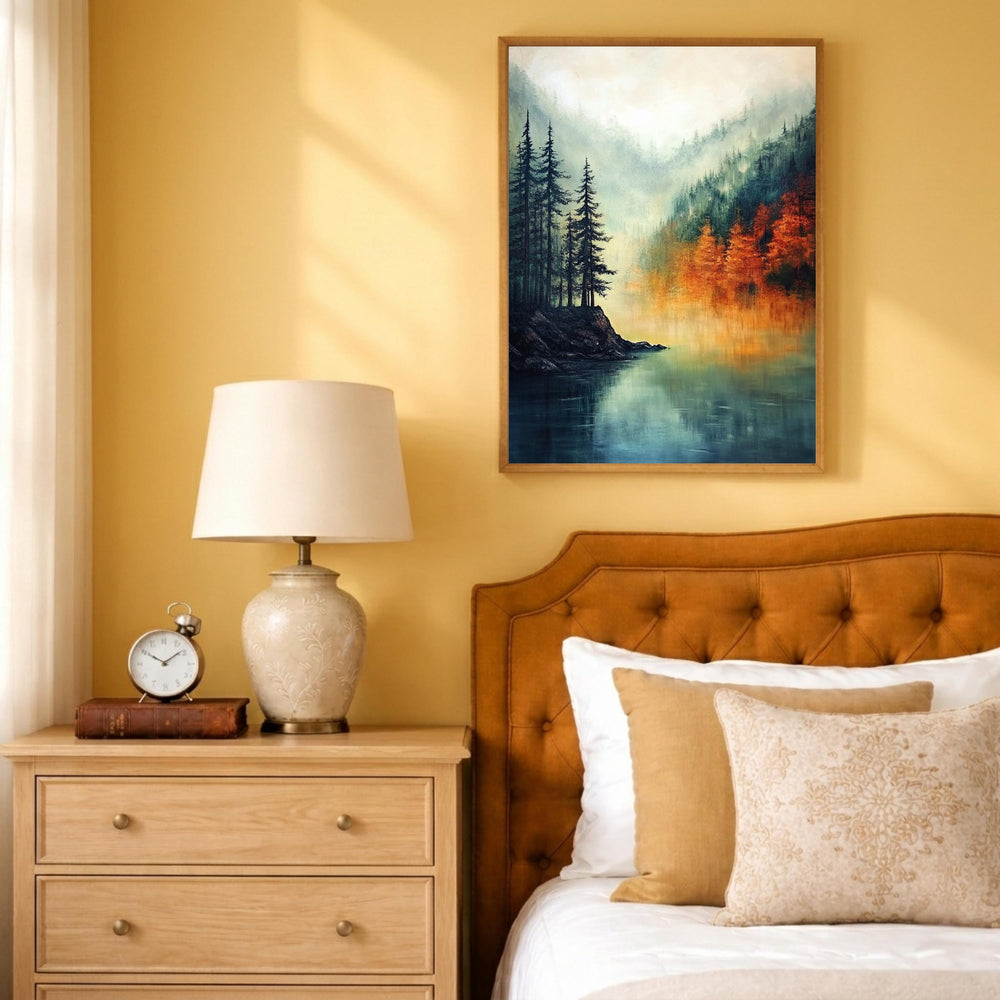 Lake Landscape Wall Art Print, Misty Forest Lake Decor, Autumn Reflection Wall Decor, Serene Nature Canvas Art, Calm Scenic Home Decor