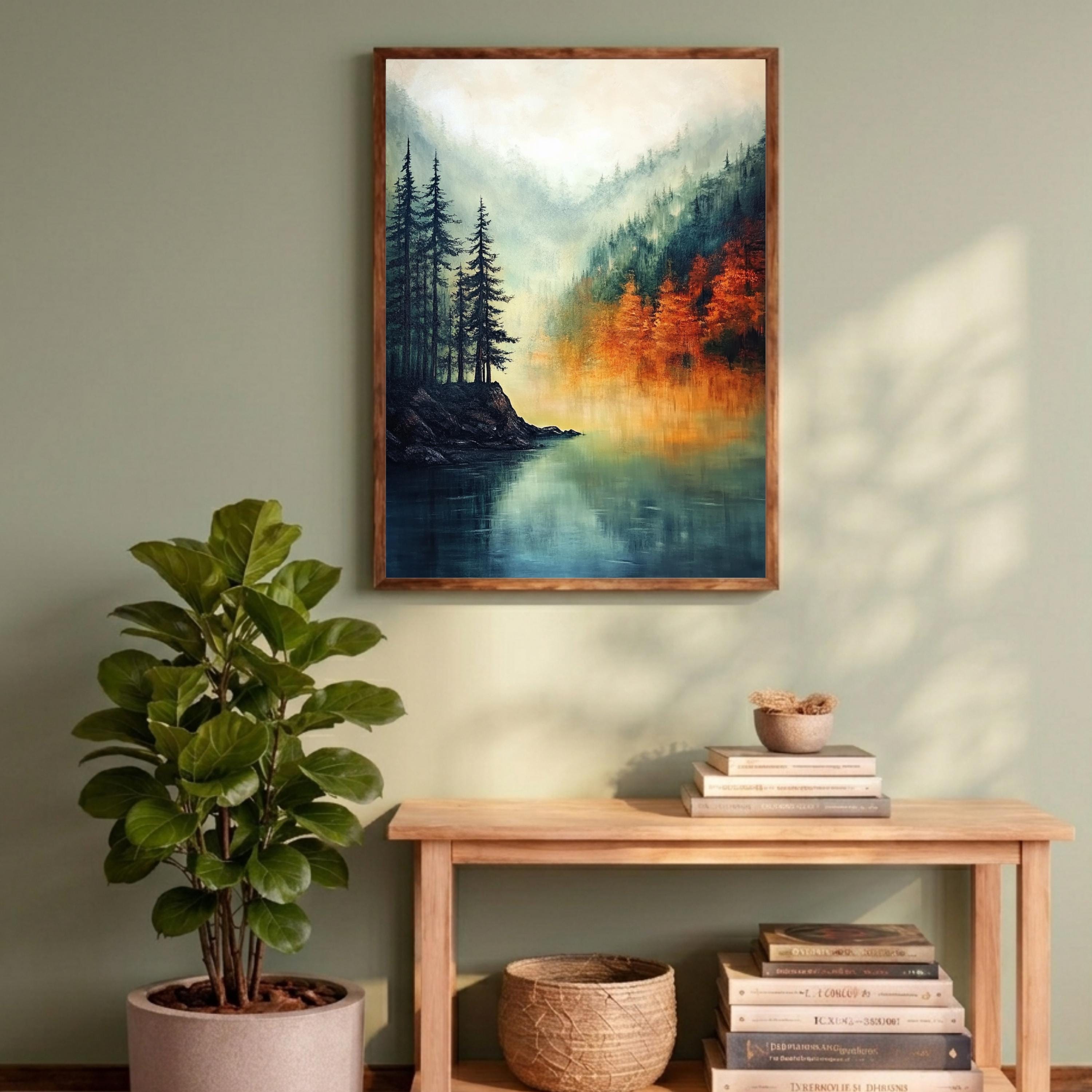 Lake Landscape Wall Art Print, Misty Forest Lake Decor, Autumn Reflection Wall Decor, Serene Nature Canvas Art, Calm Scenic Home Decor